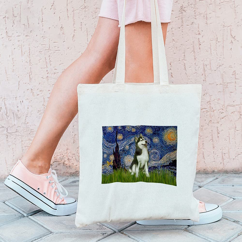 Starry Night & Husky Canvas Tote Bag - Eco-Friendly Reusable Shopping Bag for Groceries, Beach, Work & Travel | Natural Cotton Carryall with Artistic Design