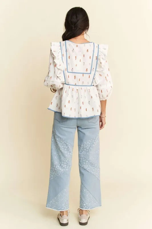 Women's Denim Binding Bodice Blouse - Stylish Vintage-Inspired Top for Casual Wear & Date Nights