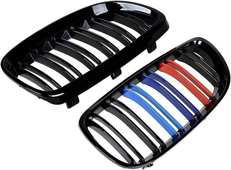 2007-2009 BMW 3 Series E92 E93 Coupe & M3 Gloss Black Double Slat Kidney Grille with M Colors - Perfect for Car Upgrades & Performance Styling
