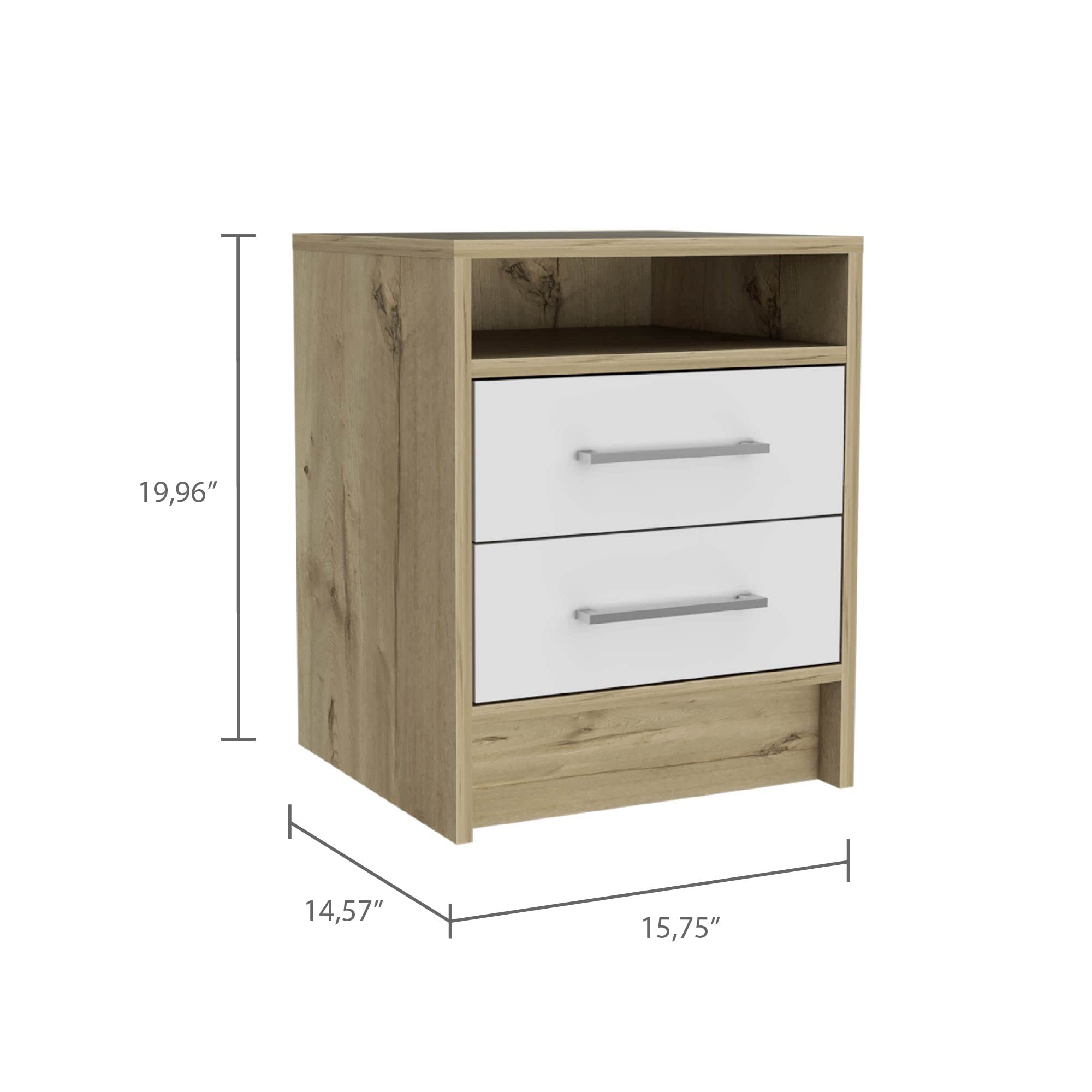 Modern White & Light Oak Nightstand with 2 Drawers & Open Shelf - Bedside Table for Bedroom, Living Room, or Office Storage