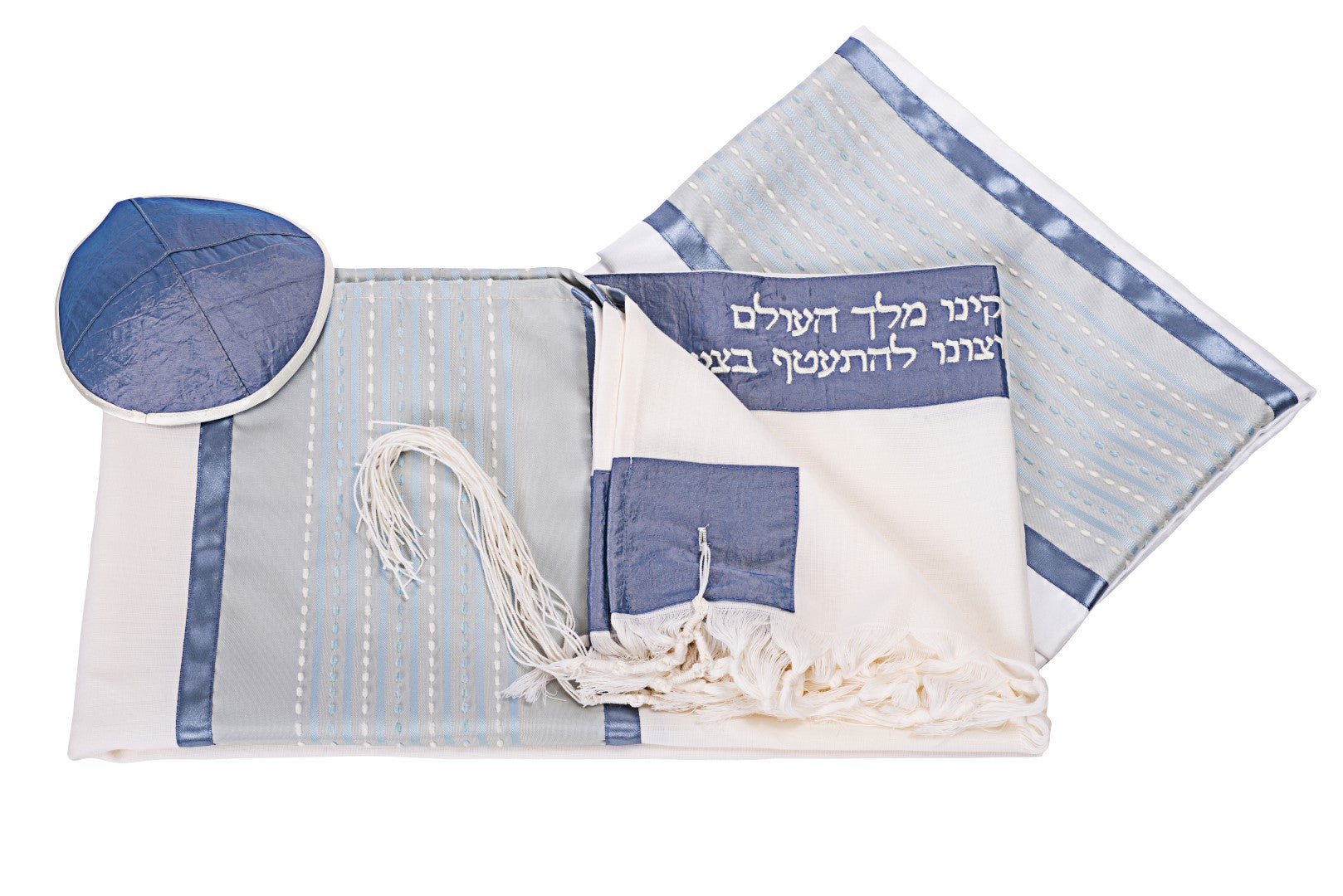 Light Blue Morse Wool Bar Mitzvah Tallit Prayer Shawl Set with Tzitzit - Handmade in Israel - Perfect for Jewish Religious Ceremonies & Synagogue Worship