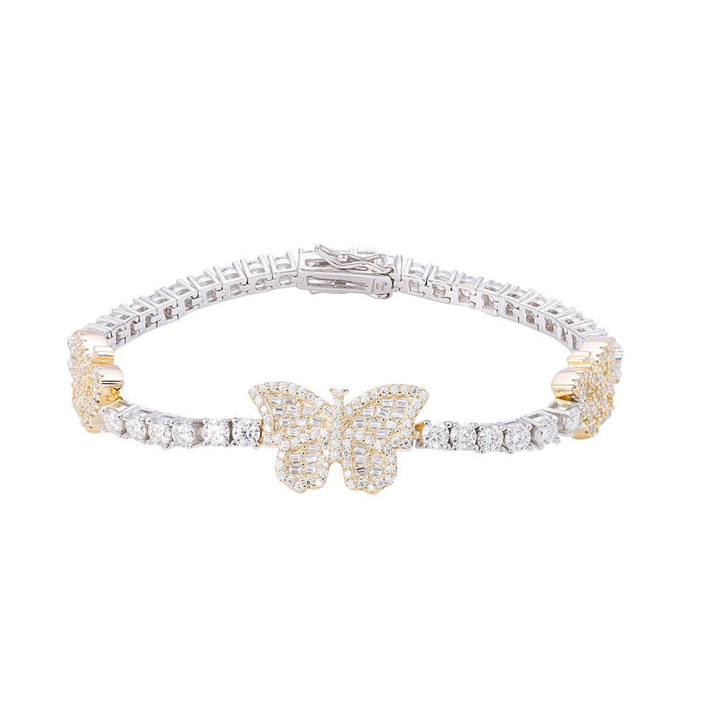 925 Sterling Silver 3mm Baguette Tennis Bracelet with Moissanite & Butterfly Charm - 7 Inch Elegant Jewelry for Women, Perfect for Weddings, Parties & Everyday Wear