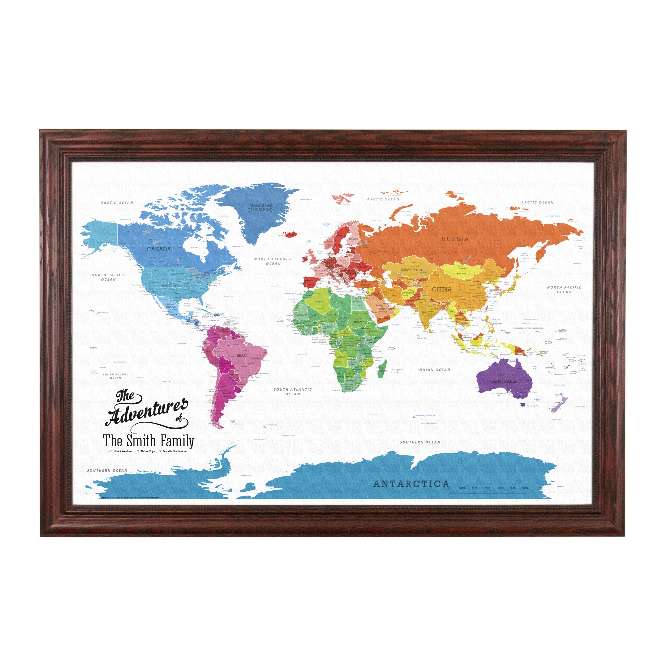 Personalized Colorful World Push Pin Travel Map - Solid Wood Cherry Red Frame Canvas for Home Office Decor, Travel Planning & Adventure Gifts