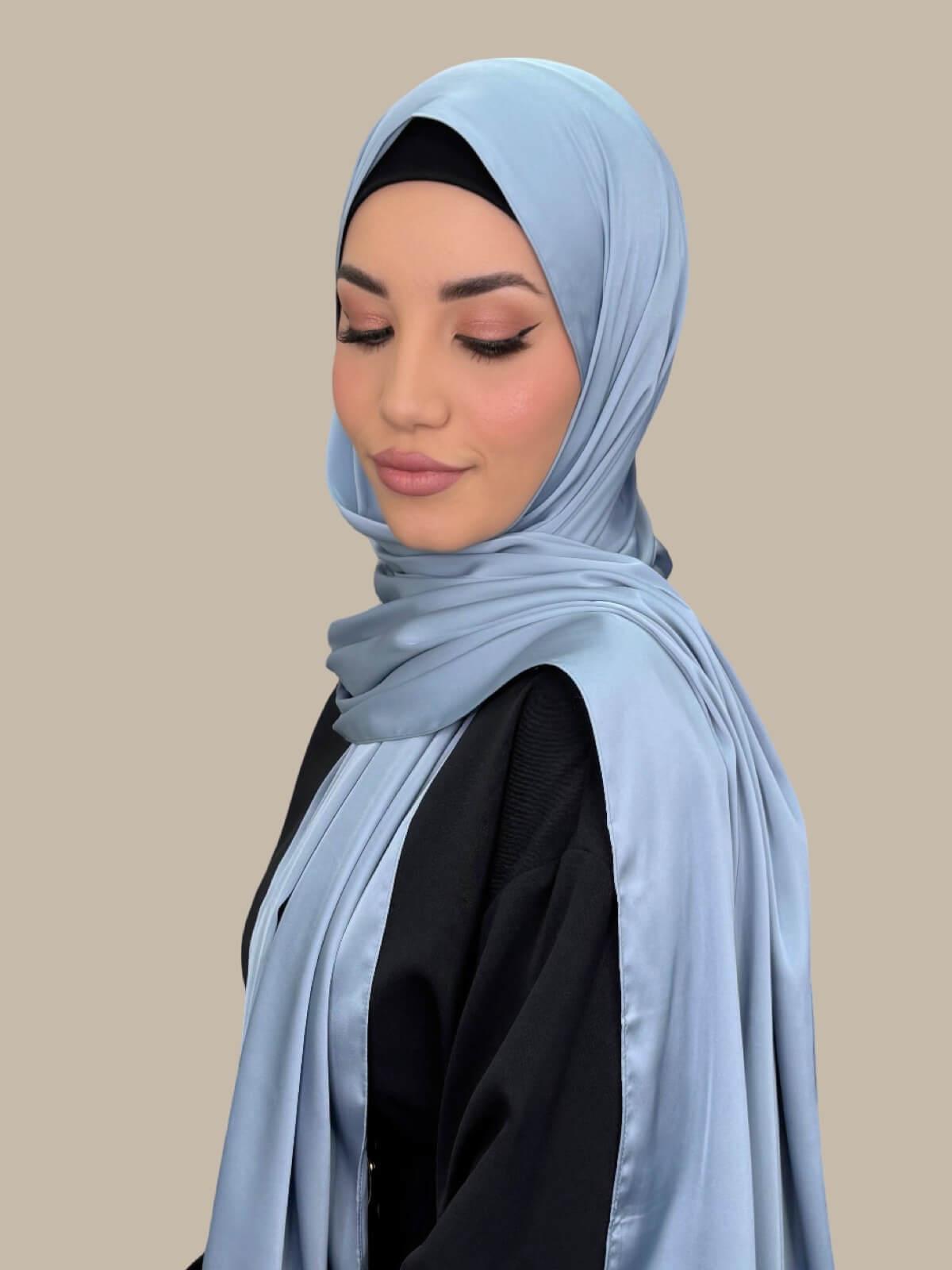 Luxury Satin Hijab Scarf - Soft Denim Blue Modest Muslim Headscarf for Women - Perfect for Daily Wear, Prayer, and Special Occasions