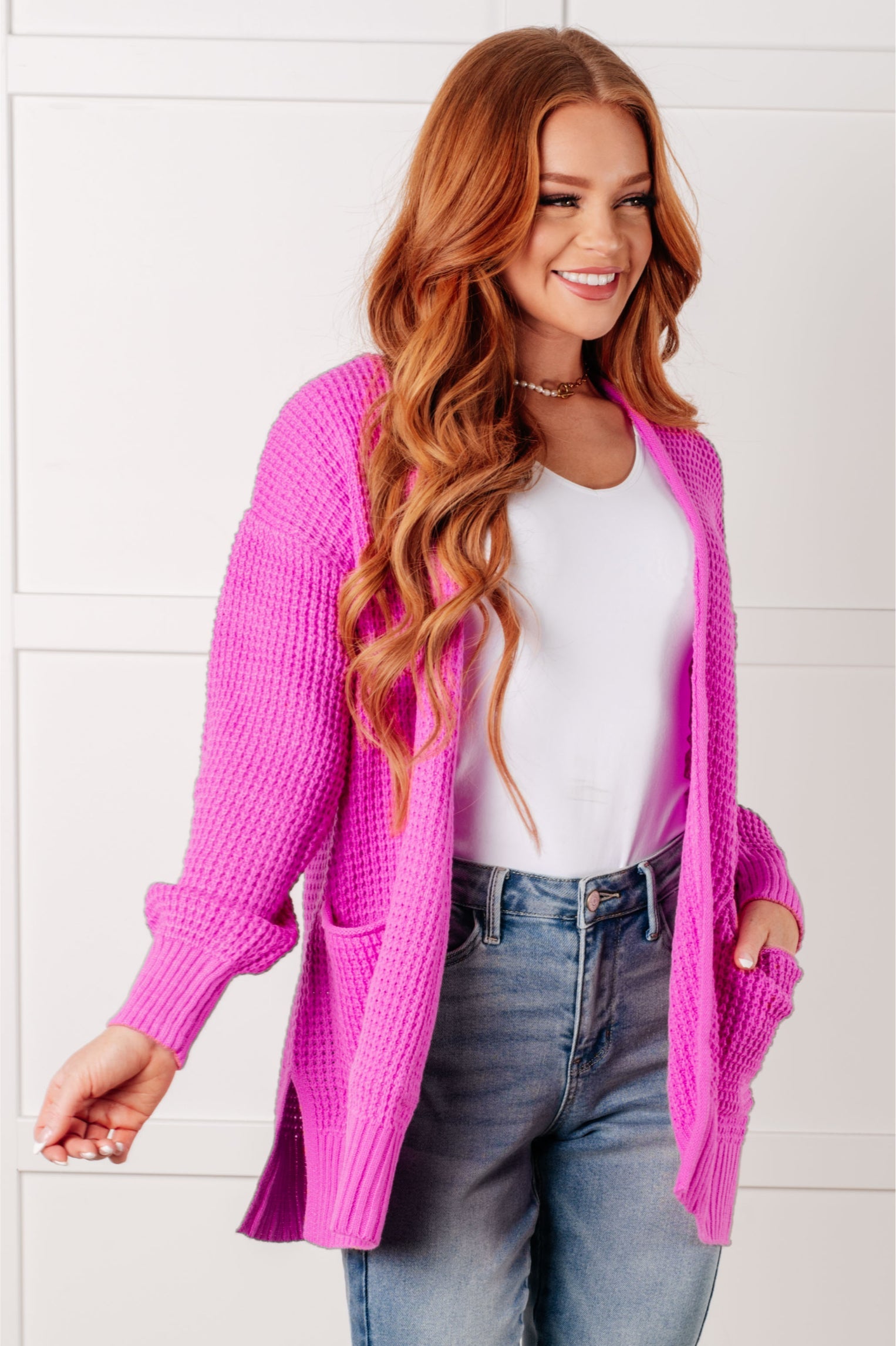 Bright Mauve Waffle Knit Open Front Cardigan for Women - Soft & Cozy Layering Sweater - Perfect for Fall, Winter & Casual Outfits