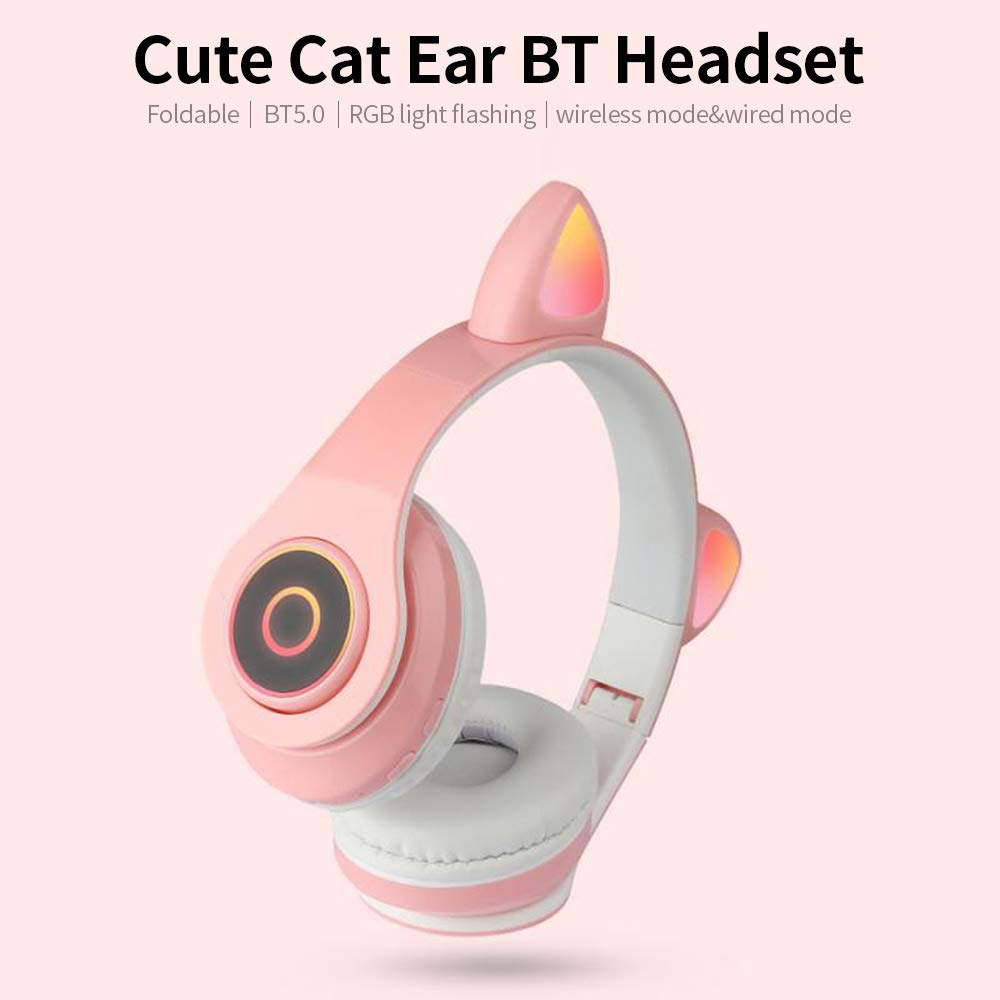 Docooler Cat Ear Headphones with Microphone - Wireless/Wired Over-Ear Gaming Headset with Stereo Hi-Fi Sound, Foldable & Adjustable for Girls, Teens & Adults | Perfect for Gaming, Streaming & Music Listening - Pink