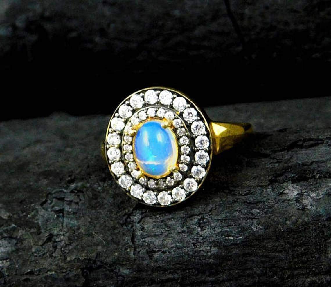 Ethiopian Opal & CZ Ring - 14K Gold Plated Welo Opal Jewelry with Cubic Zirconia | Dainty Opal Fire Ring for Women, Elegant Bar Jewelry Gift for Birthday, Anniversary & Special Occasions