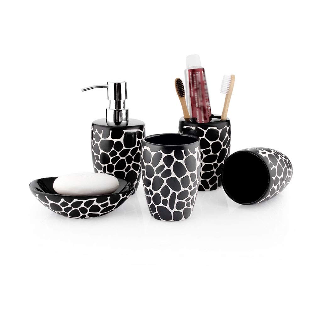 Guoqunshop 5-Piece Ceramic Bathroom Accessories Set - Electric Pump Soap Dispenser, Soap Dish, Toothbrush Holder, Countertop Organizer for Modern Home Decor (Black)
