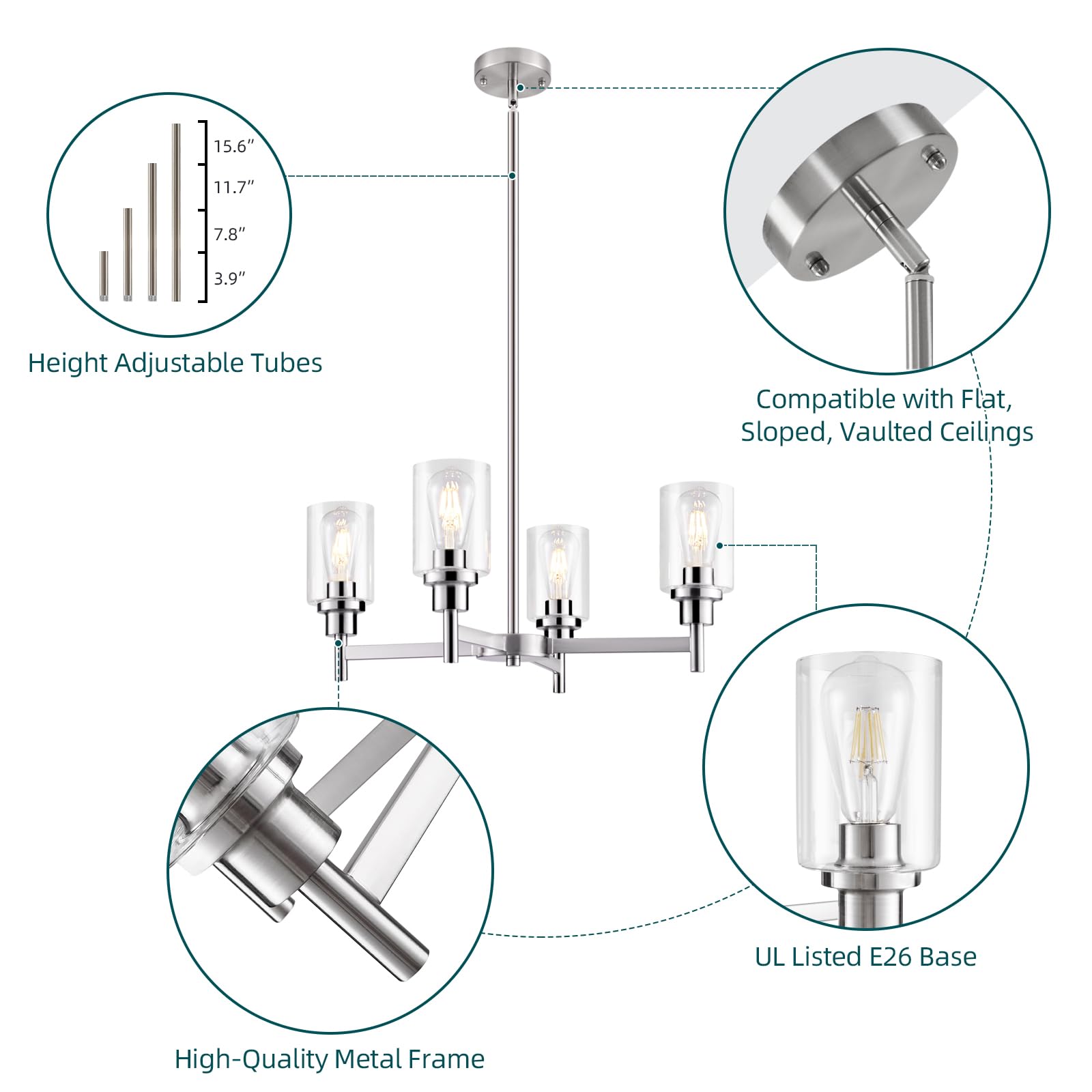 4-Light Brushed Nickel Chandelier - Modern Farmhouse Pendant Ceiling Light with Glass Shade for Dining Room, Kitchen Island, Foyer & Hallway | Elegant Lighting Fixture for Home Decor & Interior Design
