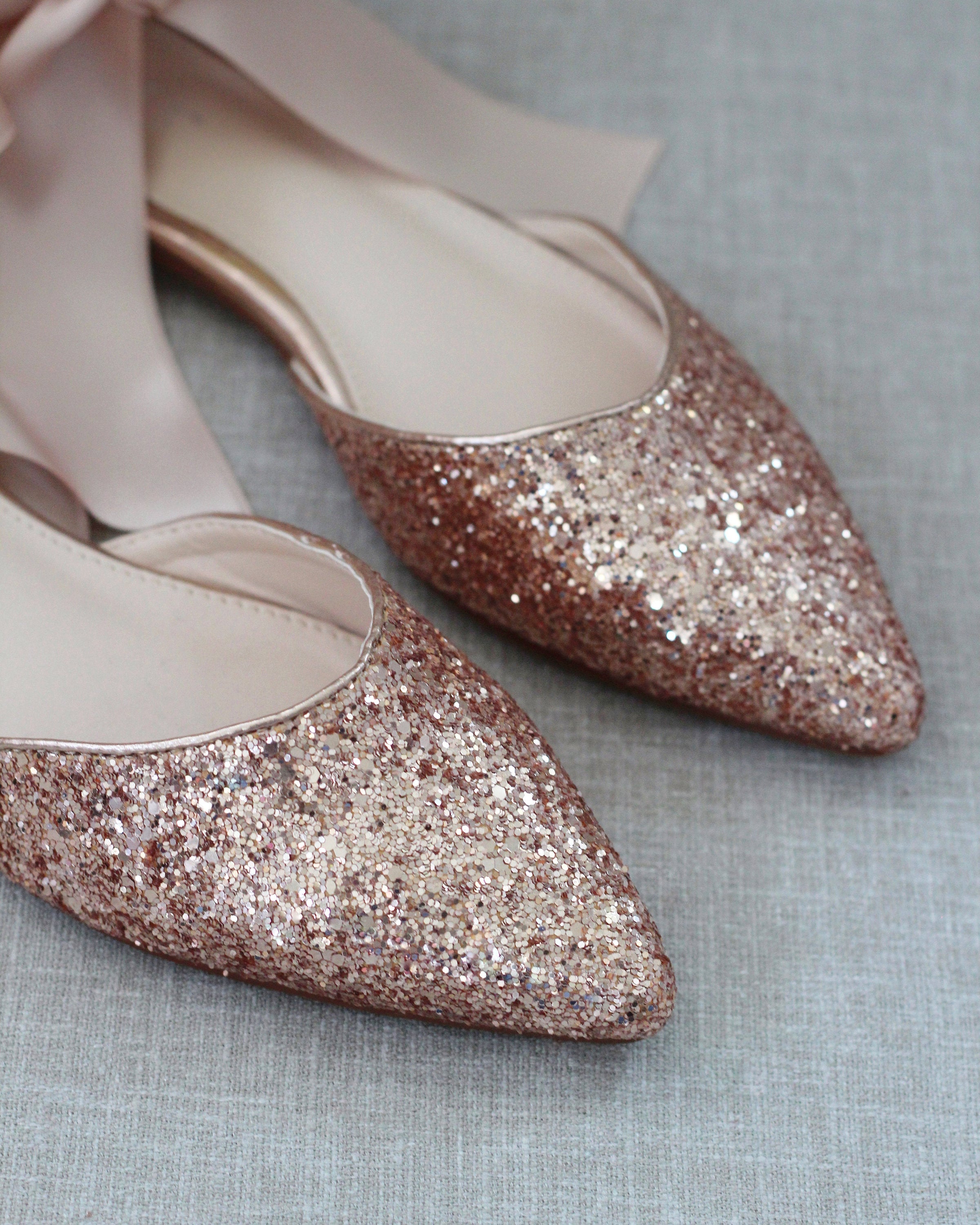 Sparkly Rock Glitter Pointed Toe Ballet Flats - Elegant Blush Satin Ankle Tie or Lace Up Design for Women | Perfect for Parties, Weddings & Date Nights