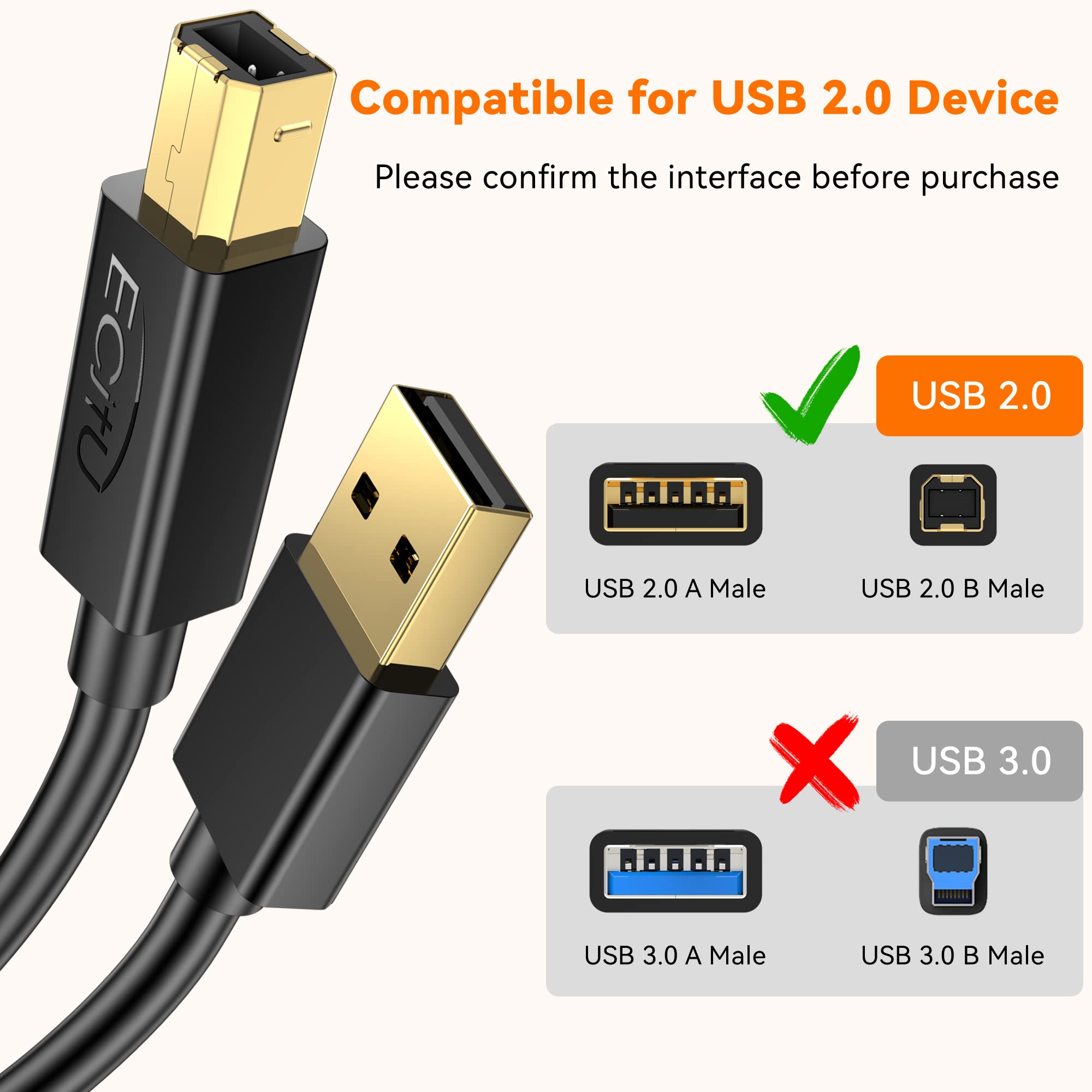 25FT USB 2.0 Printer Cable (1 Pack) - A Male to B Male High-Speed Data Transfer Cord for HP, Canon, Dell Printers & More | Perfect for Home Office, Gaming Setup & Computer Peripherals