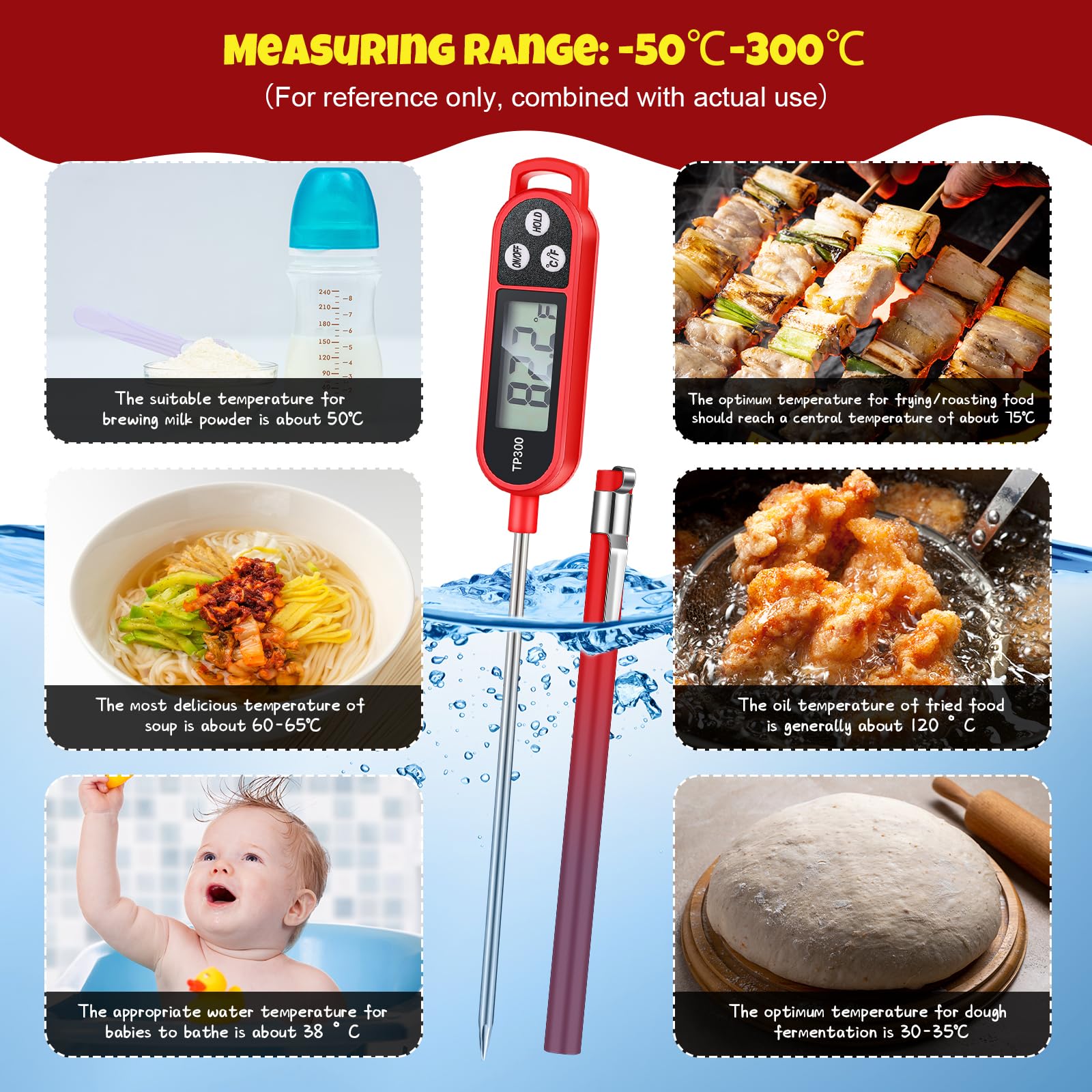 Digital Meat Thermometer with Probe - Instant Read Food Thermometer for Cooking, BBQ, Grilling, Milk & Yogurt - Waterproof Kitchen Thermometer (Red) - Perfect for Grilling, Baking, Roasting & Food Safety Checks