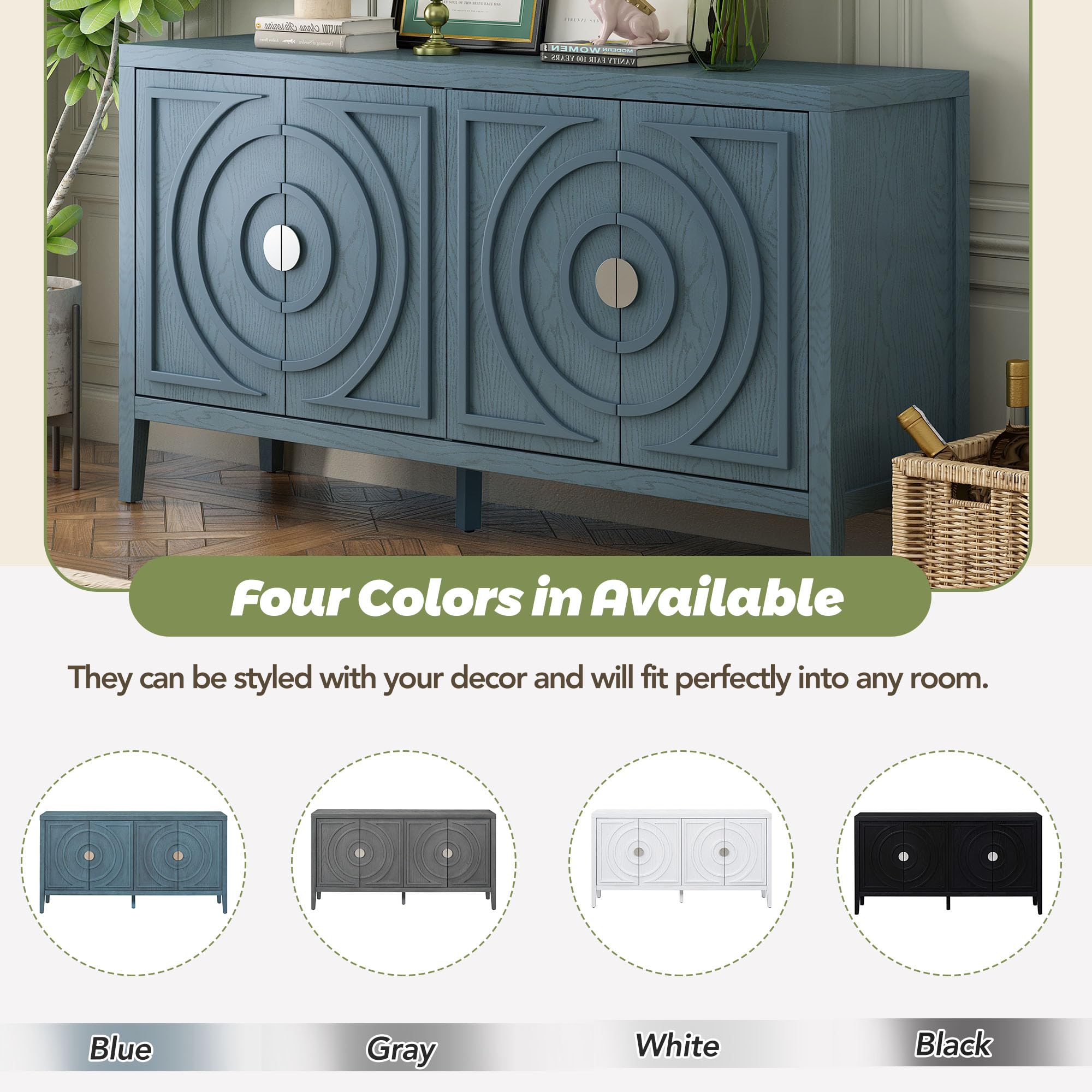 Merax Modern Rustic Wood Buffet Sideboard with Storage Shelf - 4 Door Coffee Bar Cabinet, TV Stand for Living Room, Bedroom, Dining Room & Kitchen - Antique Blue Home Furniture for Entertaining & Storage
