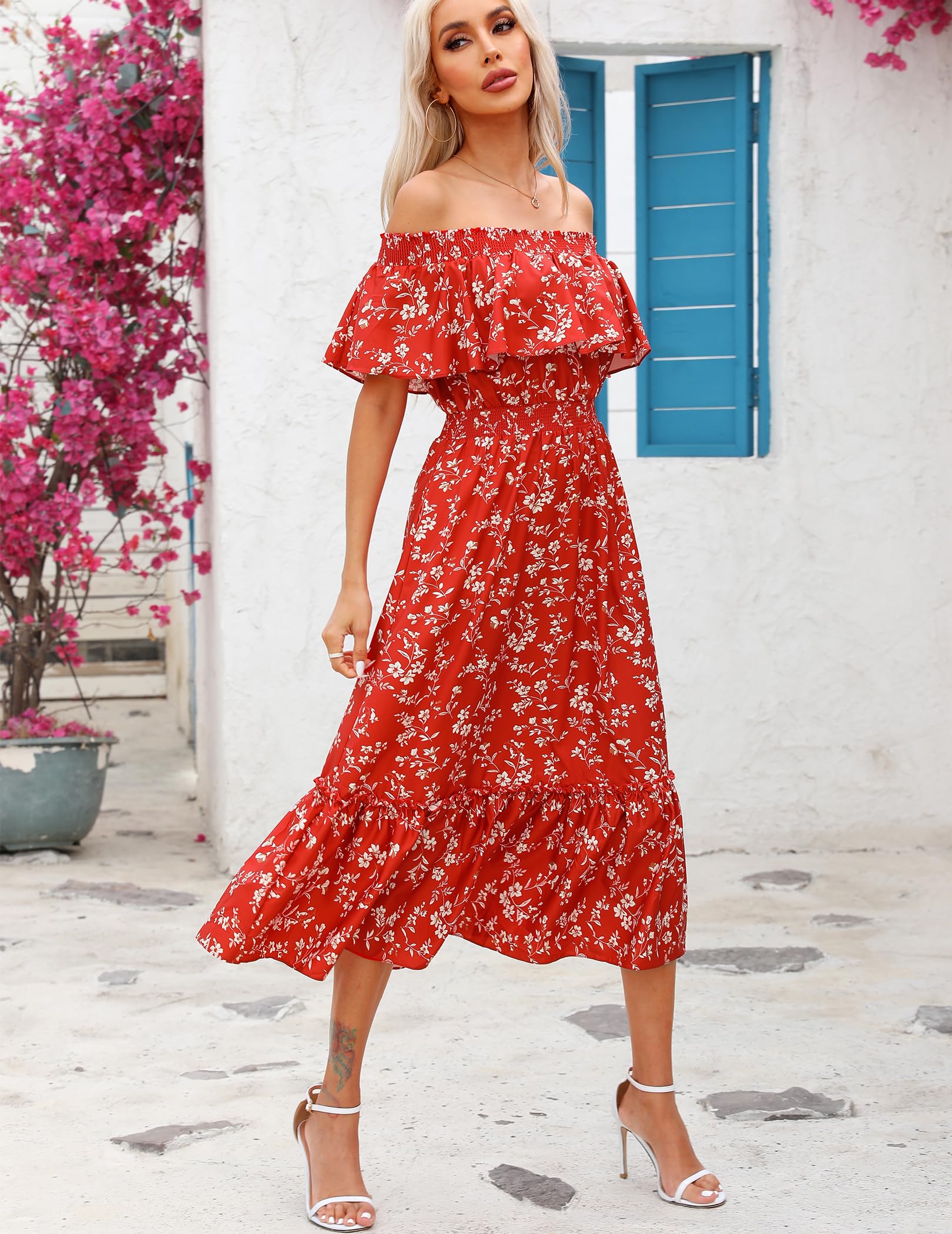 Prettywear Women's 2025 Spring Summer Boho Off Shoulder Floral Midi Dress - Short Sleeve A-Line Casual Beach Dress for Vacation, Party & Date Night