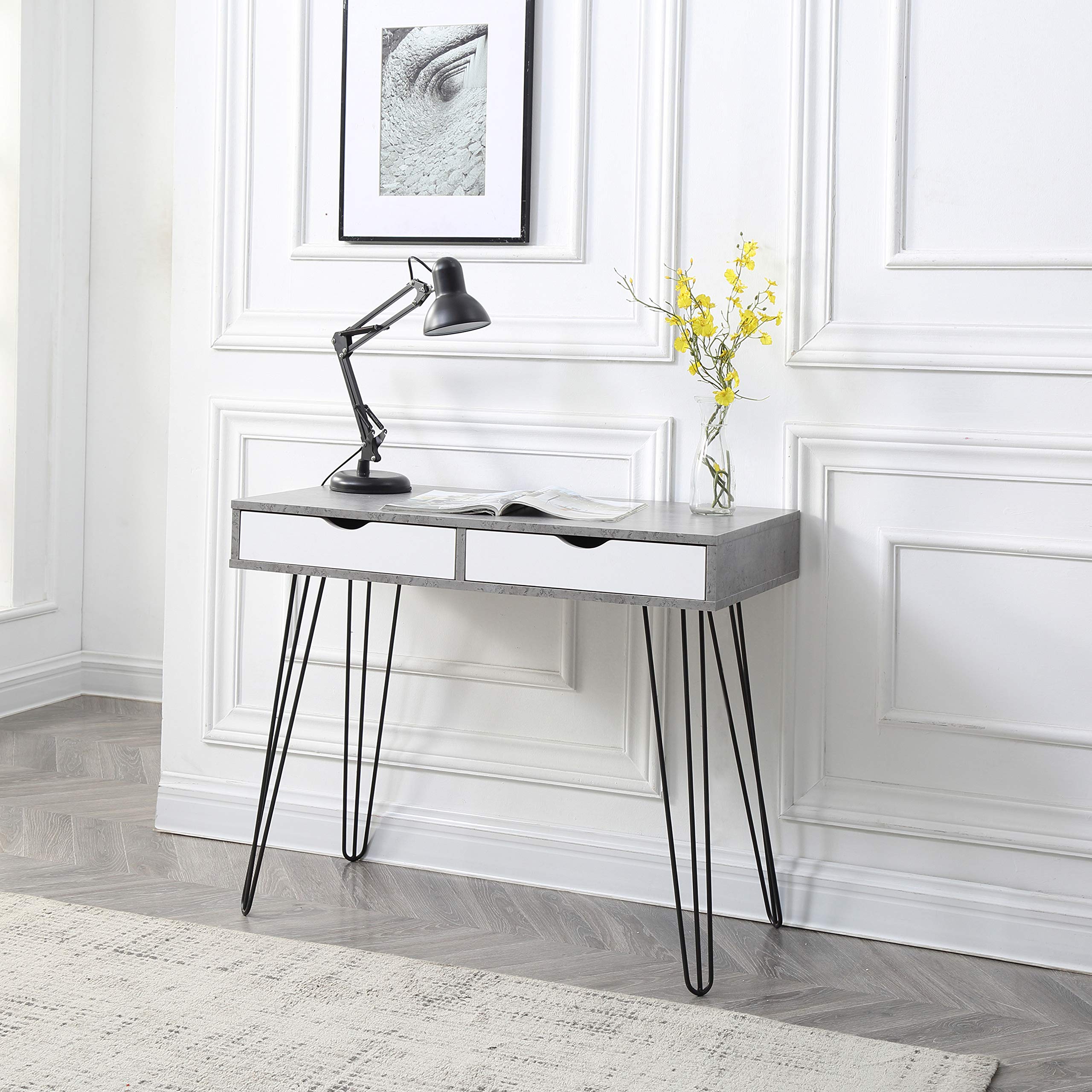 Modern Small Desk with Drawers - Laurel Computer Desk for Bedroom, Home Office & Dorm | Stylish Writing Table with Marble Design | Perfect for Study, Work & Vanity (Gray)