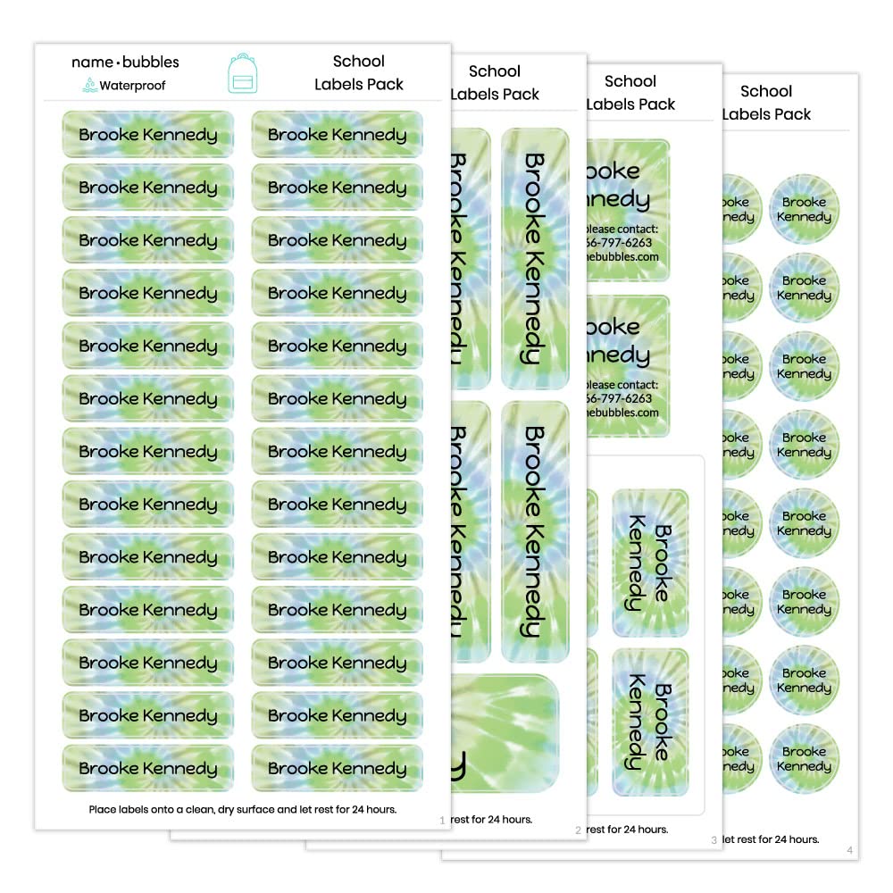 Name Bubbles Tie-Dye Green School Labels Pack (89 Pack) - Durable Waterproof Printed Labels for Kids, Preschool, Kindergarten | Perfect for Clothes, Lunch Boxes, Water Bottles & Travel Gear - Organize & Personalize Belongings