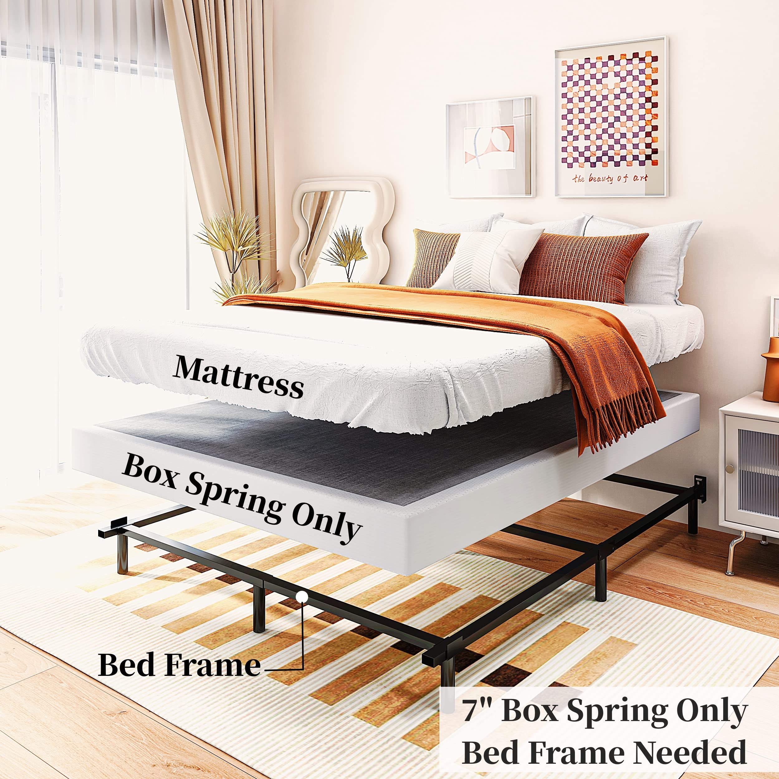7 Inch Box Spring Queen Size - Heavy Duty Metal High Profile Mattress Foundation with Easy Clean Cover - Quiet, Non-Slip & Simple Assembly - Perfect for Bedroom, Guest Room & Dormitory Use