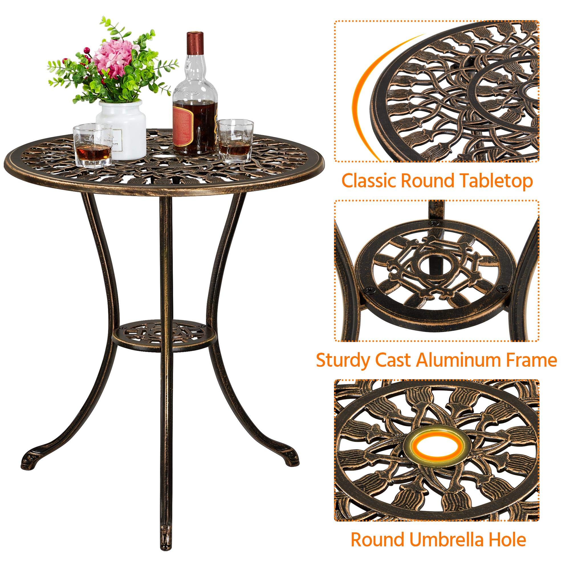Topeakmart 3-Piece Outdoor Bistro Set - Lightweight Aluminum Patio Dining Table with 2 Chairs & Umbrella Hole - Bronze Garden Furniture for Balcony, Yard, Deck or Poolside Relaxation