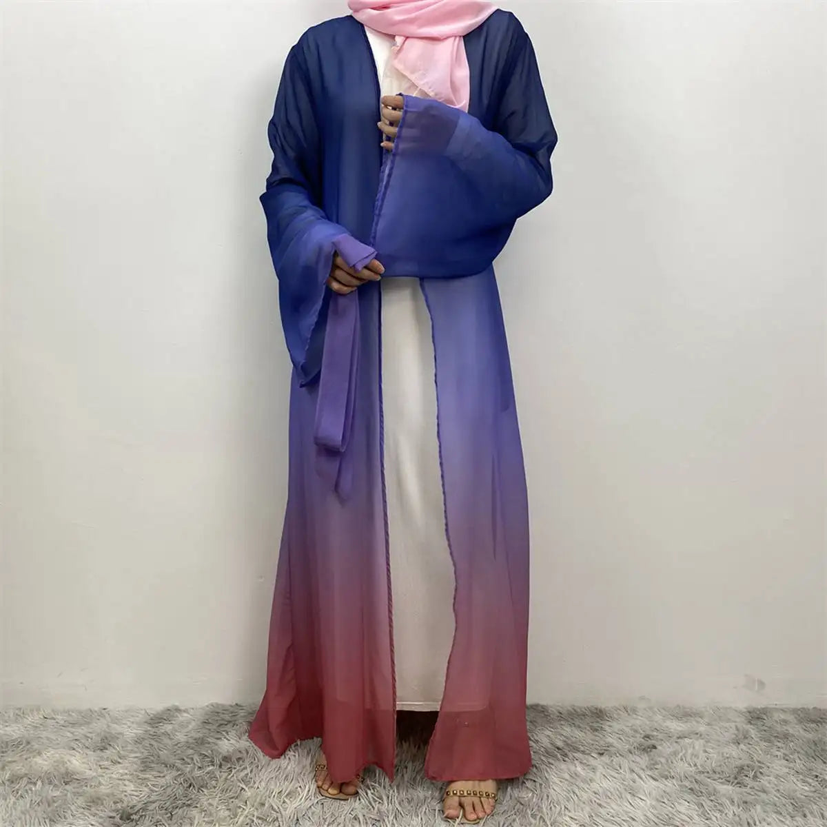 Gradient Color Chiffon Muslim Women's Cardigan Open Abaya Dress - Elegant Prayer Dress for Hijab Fashion & Special Occasions