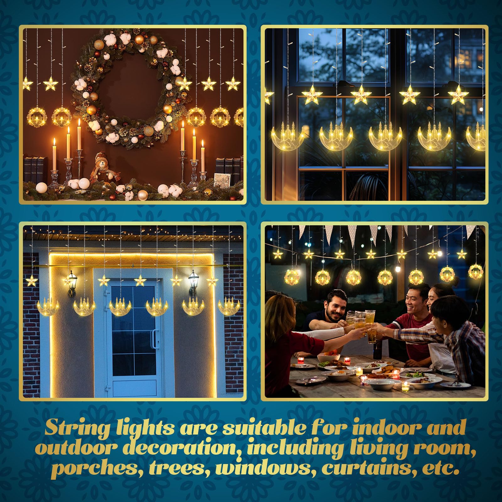 Riakrum 2 Pack 9.84ft LED Fairy Curtain Lights with Star Moon Castle Design - Indoor Window Decor for Ramadan, Eid, Christmas, Wedding & Holiday Parties - Perfect for Home Decoration and Festive Gifts