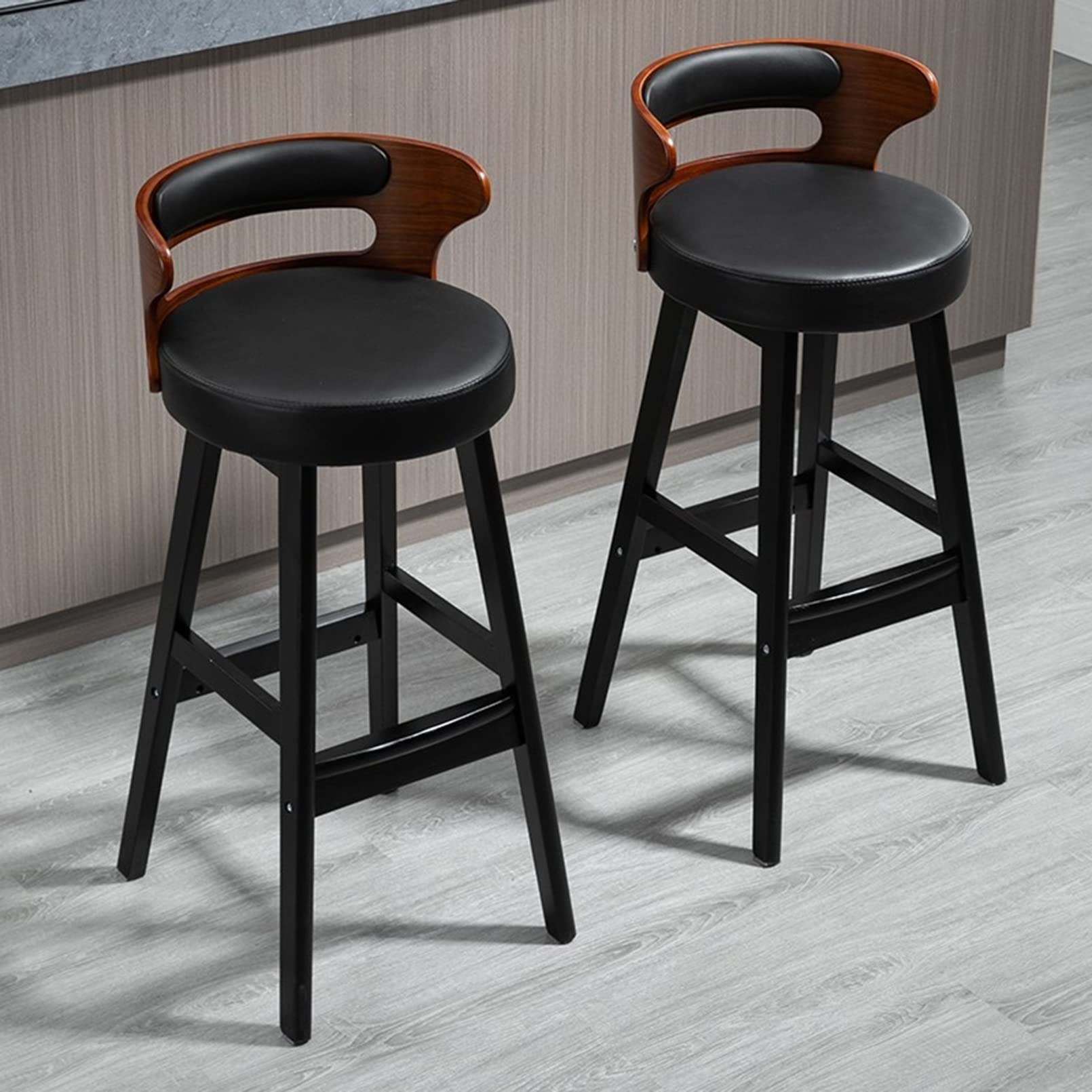 2-Pack Faux Leather Bar Stools with Wooden Legs - Farmhouse Style Kitchen & Dining Chairs for Home, Bistro & Coffee Shop - Comfortable Upholstered Counter Height Stools for Breakfast Nook, Kitchen Island & Cafe Seating