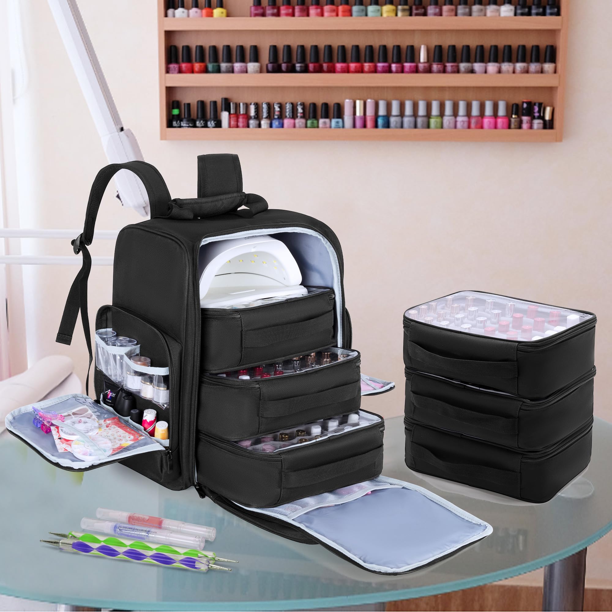 BAFASO Nail Polish Organizer Backpack - Holds 84 Bottles & Nail Lamp for Salon & Travel