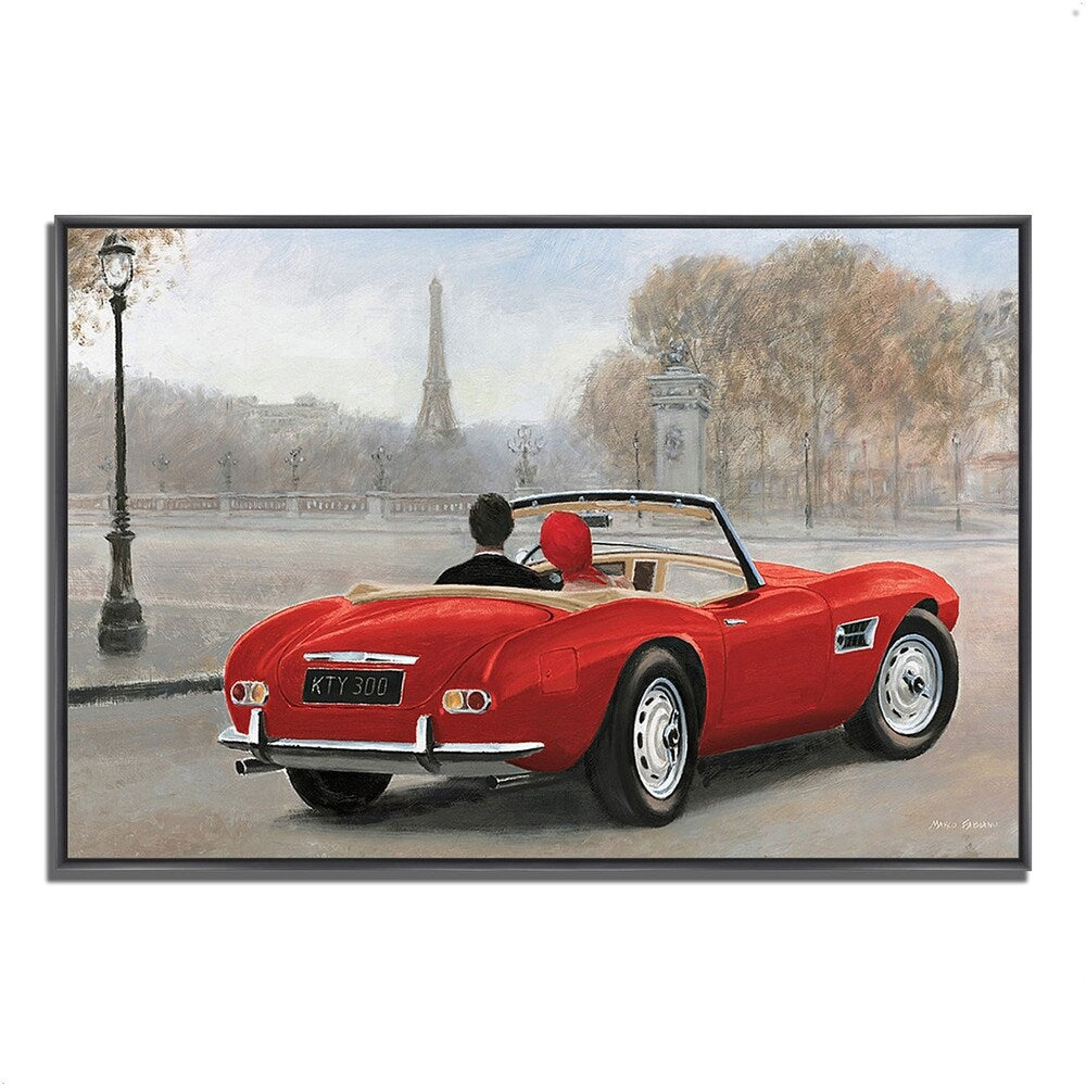 Marco Fabiano 'A Ride in Paris III' Red Car Fine Art Giclee Print - Gallery Wrapped Canvas Ready to Hang - Perfect for Living Room, Bedroom & Office Wall Decor