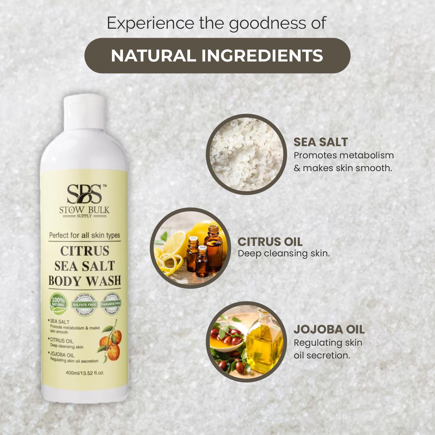 Stow Bulk Citrus Sea Salt Body Wash - 13.5 Fl Oz | Natural Exfoliating & Hydrating Shower Gel for Men & Women | Perfect for Dry Skin, Post-Workout & Spa Day