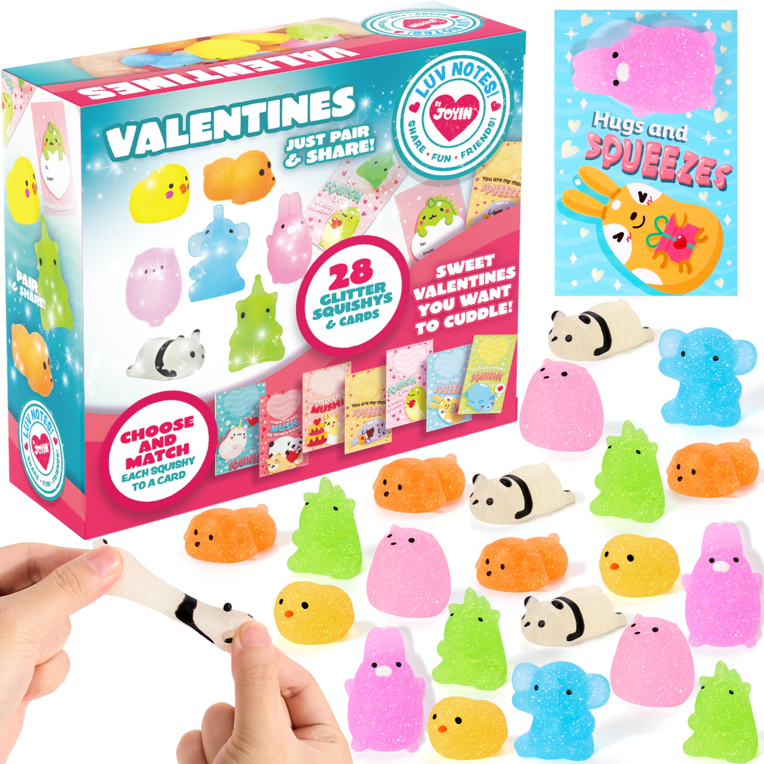JOYIN 28 Pack Glitter Mochi Squishy Toys with Gift Cards - Stress Relief Fidget Toys for Kids, Valentine's Party Favors, Classroom Prizes & Exchange Gifts - Perfect for Birthday Parties, School Rewards and Sensory Play