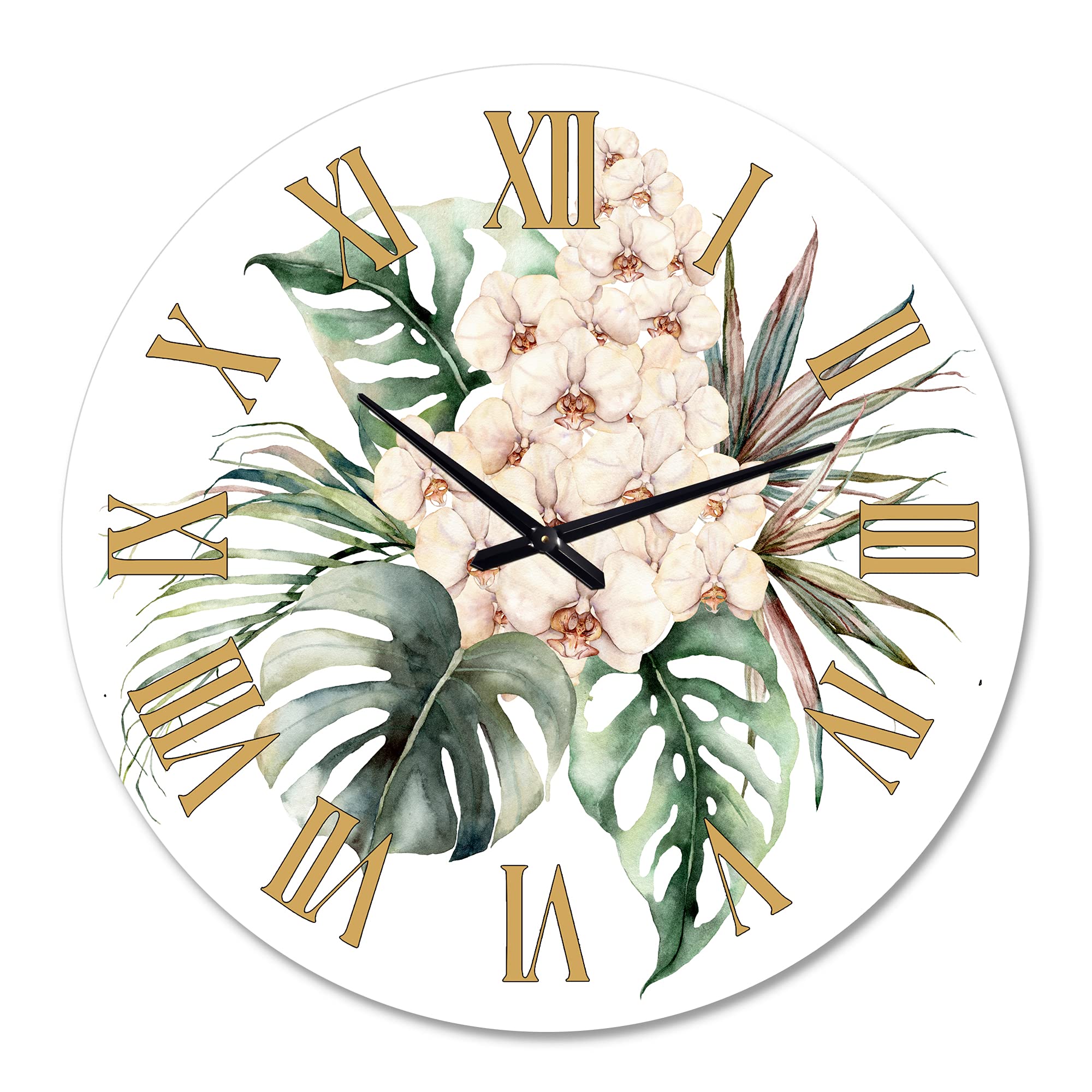 DesignQ Traditional Wall Clock - Floral & Botanical Decor with Orchids, Monstera, and Coconut Leaves - Large Decorative Clock for Living Room, Bedroom, or Office
