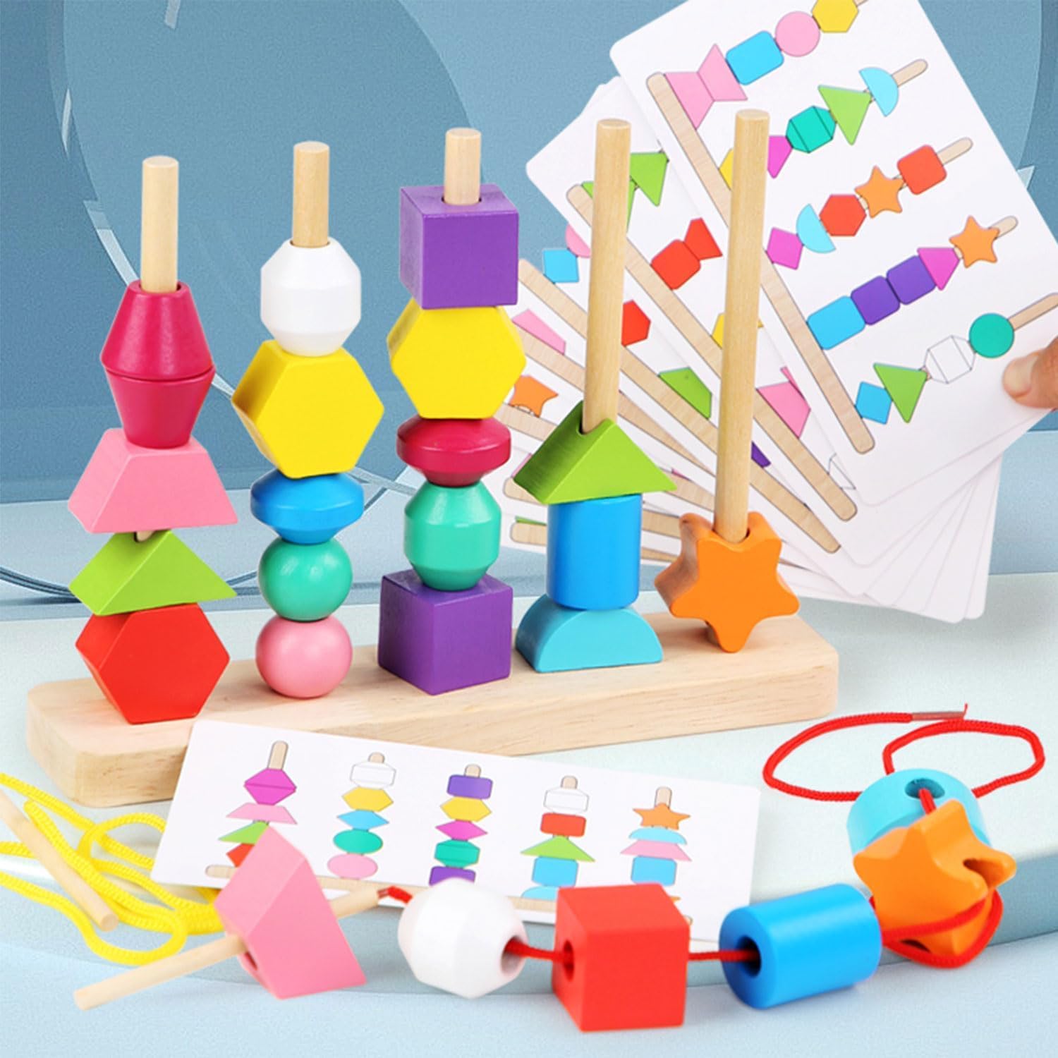 Montessori Toys for Toddlers 2-5, Wooden Beads & Stacking Blocks STEM Learning - Perfect for Preschool Play & Gifts