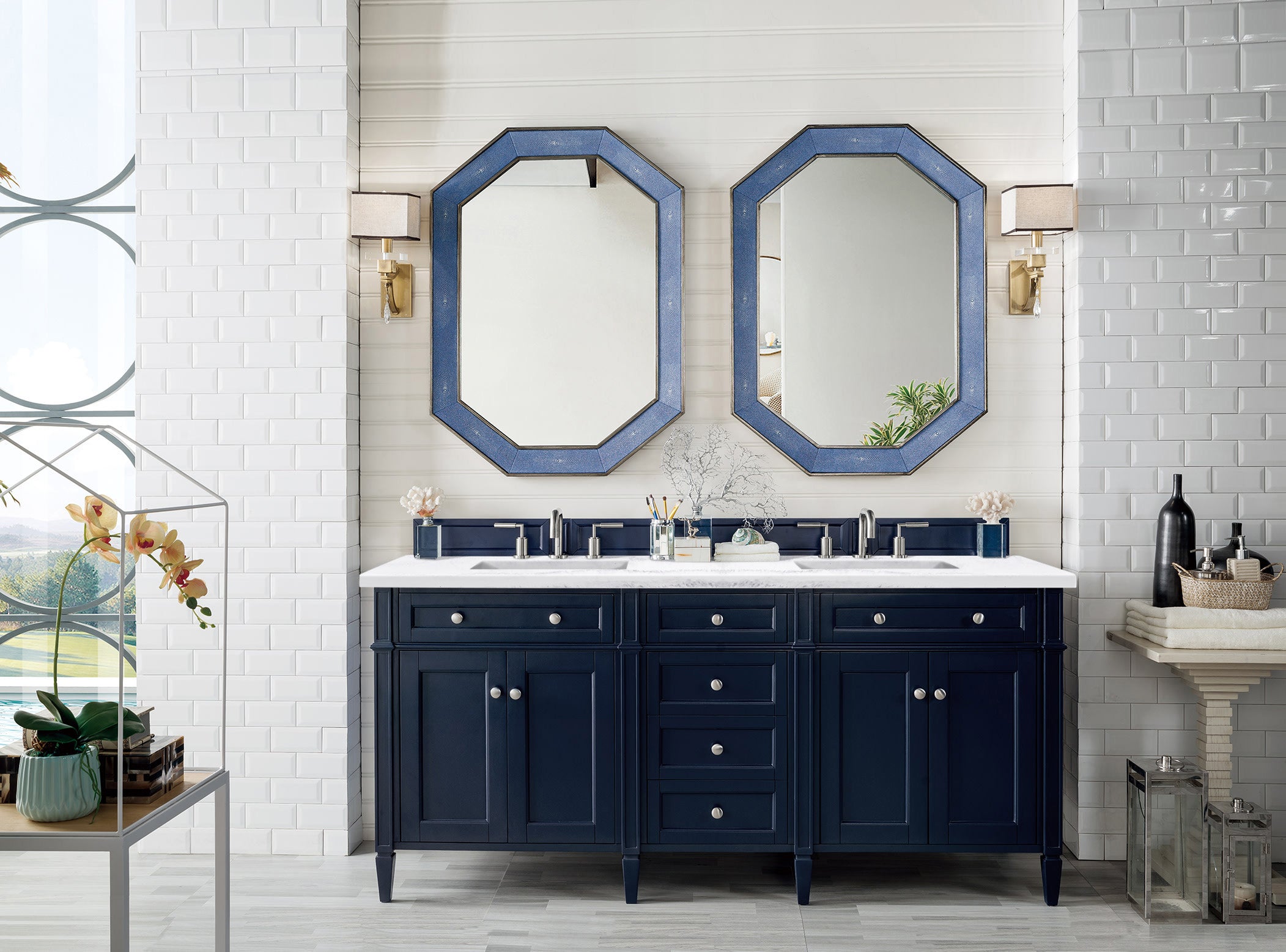 Brittany 72-Inch Victory Blue Double Bathroom Vanity with 3CM Arctic Fall Solid Surface Top – Perfect for Master Bathroom Renovations & Modern Home Decor