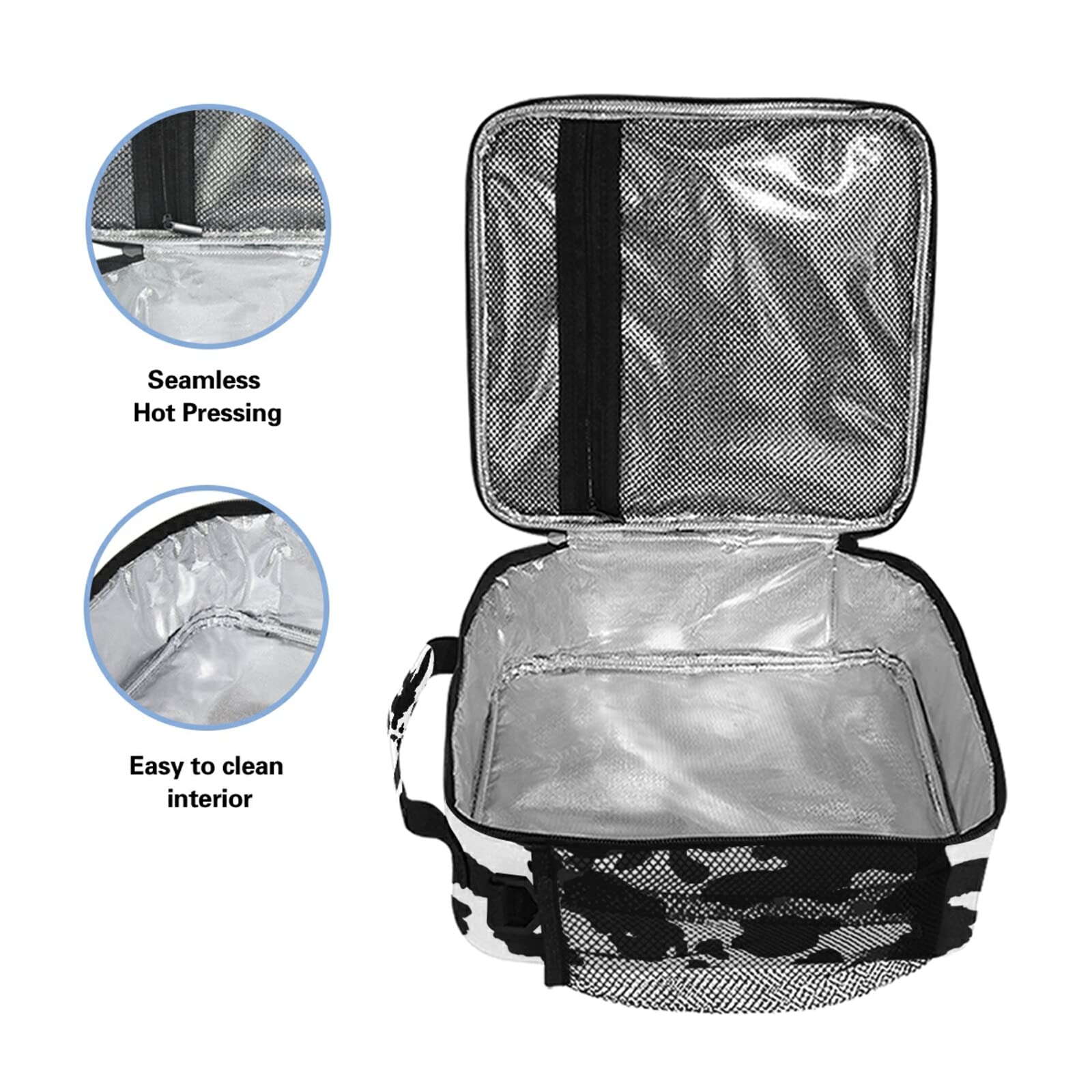 Stylish Black & White Cow Print Insulated Lunch Bag for Women & Men - Leakproof Thermal Cooler Tote with Shoulder Strap - Perfect for School, Office, Work, Picnics & Outdoor Activities