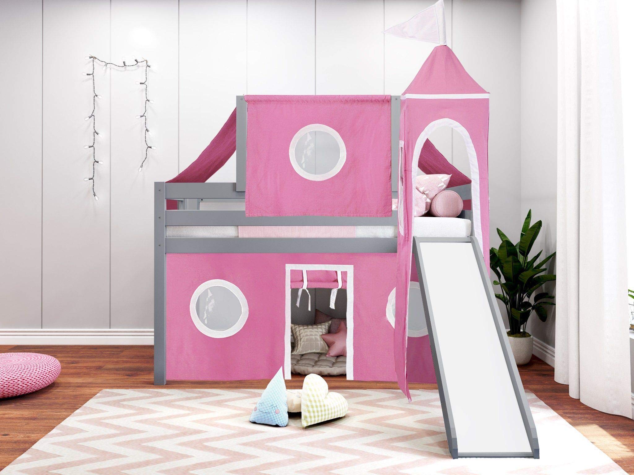 Castle Low Loft Stairway Twin Bed with Slide - Pink & White Play Tent & Tower - Kids Loft Bed in Gray for Bedroom & Playroom Fun