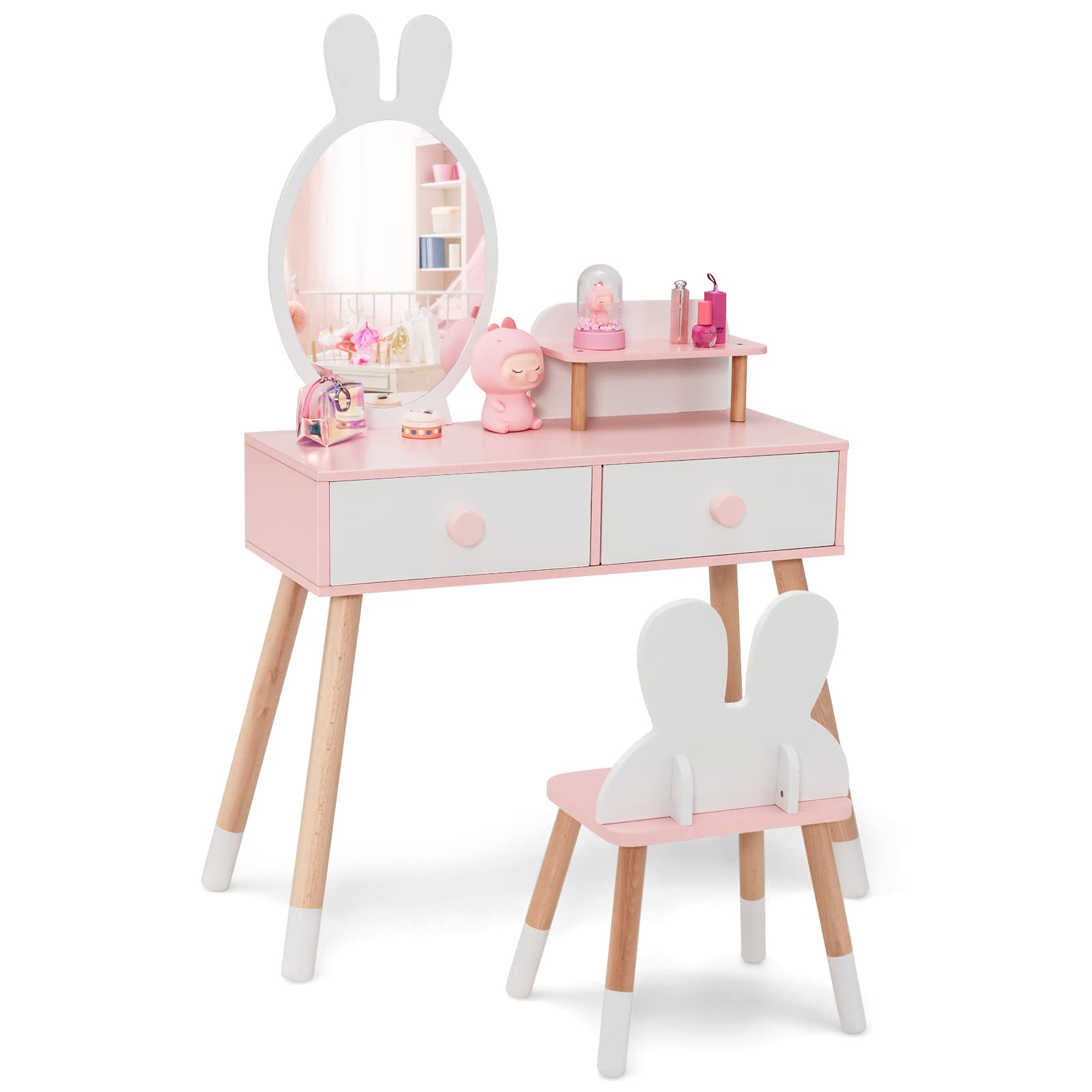 HONEY JOY White Rabbit Themed Kids Vanity Set - Wooden Toddler Makeup Table with Mirror, 2 Large Drawers & Matching Stool - Beechwood Princess Dressing Table for Girls - Perfect for Bedroom Decor & Pretend Play (White)