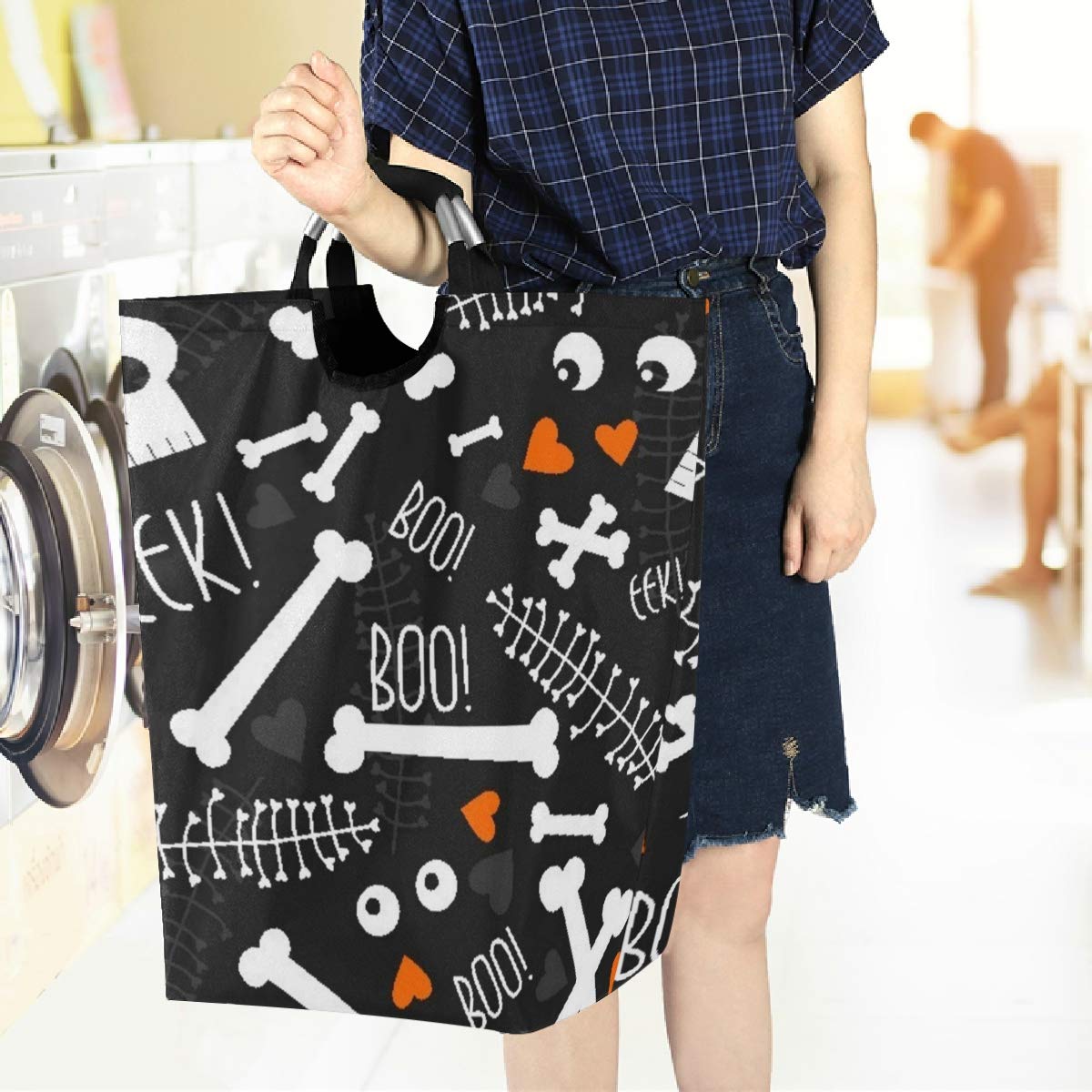 Funny Skull Red Heart Boo Large Laundry Bag - Collapsible Oxford Fabric Laundry Hamper with Handles, Foldable & Portable Dirty Clothes Basket, Waterproof Washing Bin for College Dorm, Bedroom, or Travel Use