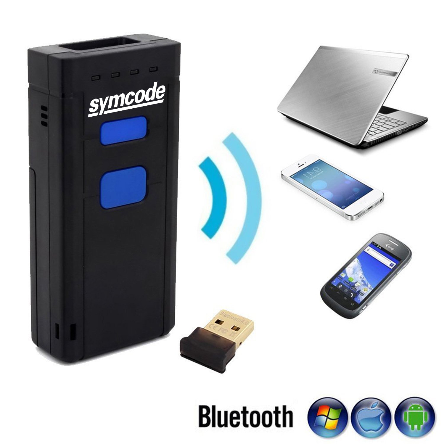 Symcode Bluetooth Wireless Barcode Scanner - 2.4GHz Portable Barcode Reader for Windows, Mac, Android, iOS Devices | Ideal for Retail Stores, Warehouses & Inventory Management