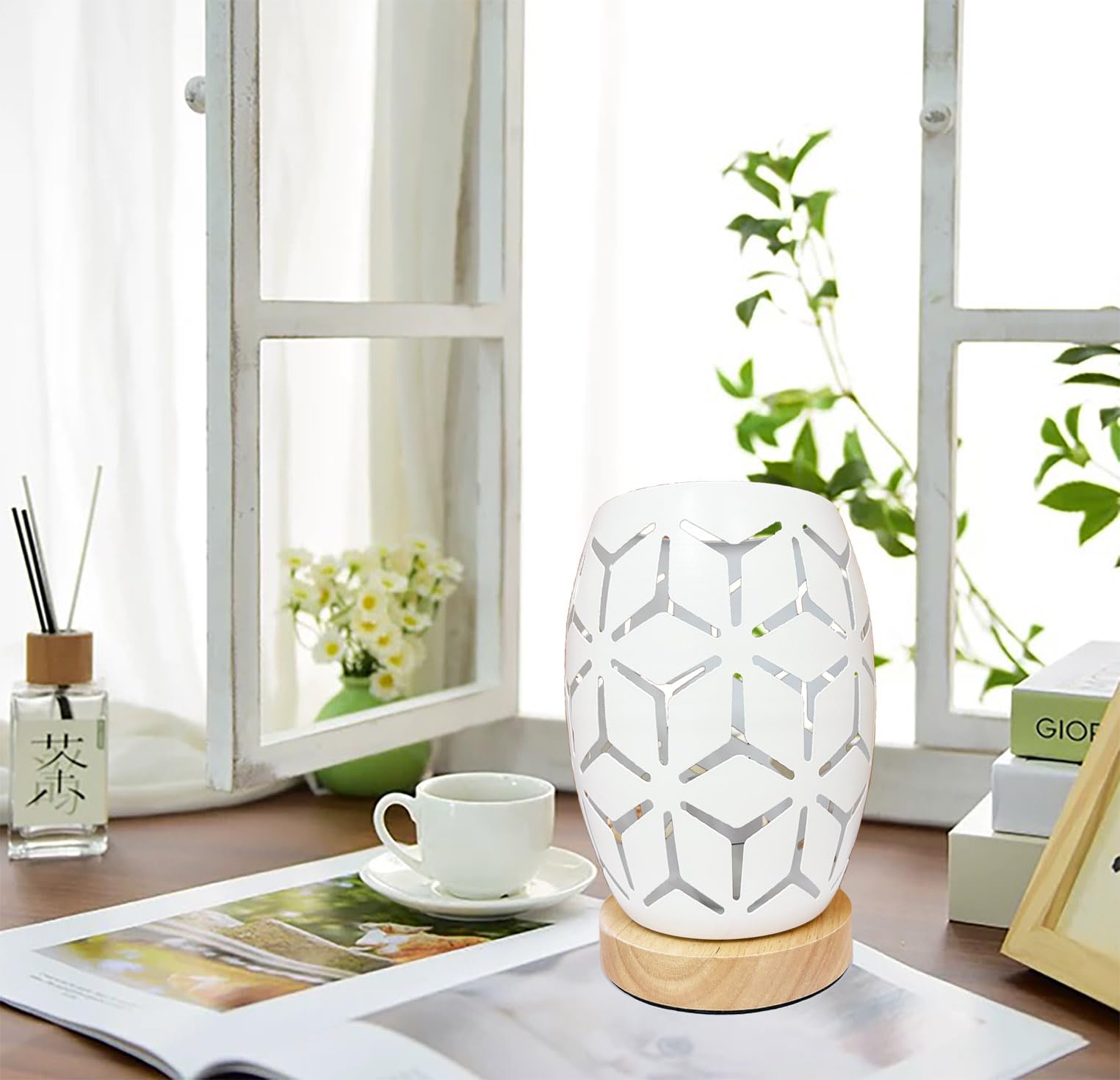 AFORTLO Boho Table Lamp - Small Wood Base with Hollow-Carved Metal Cage, Decorative Night Light for Bedroom, Living Room, Office & Nightstand - Includes Bulb (Rhombus Shape) | Perfect for Reading Nooks, Romantic Ambience & Home Office Lighting