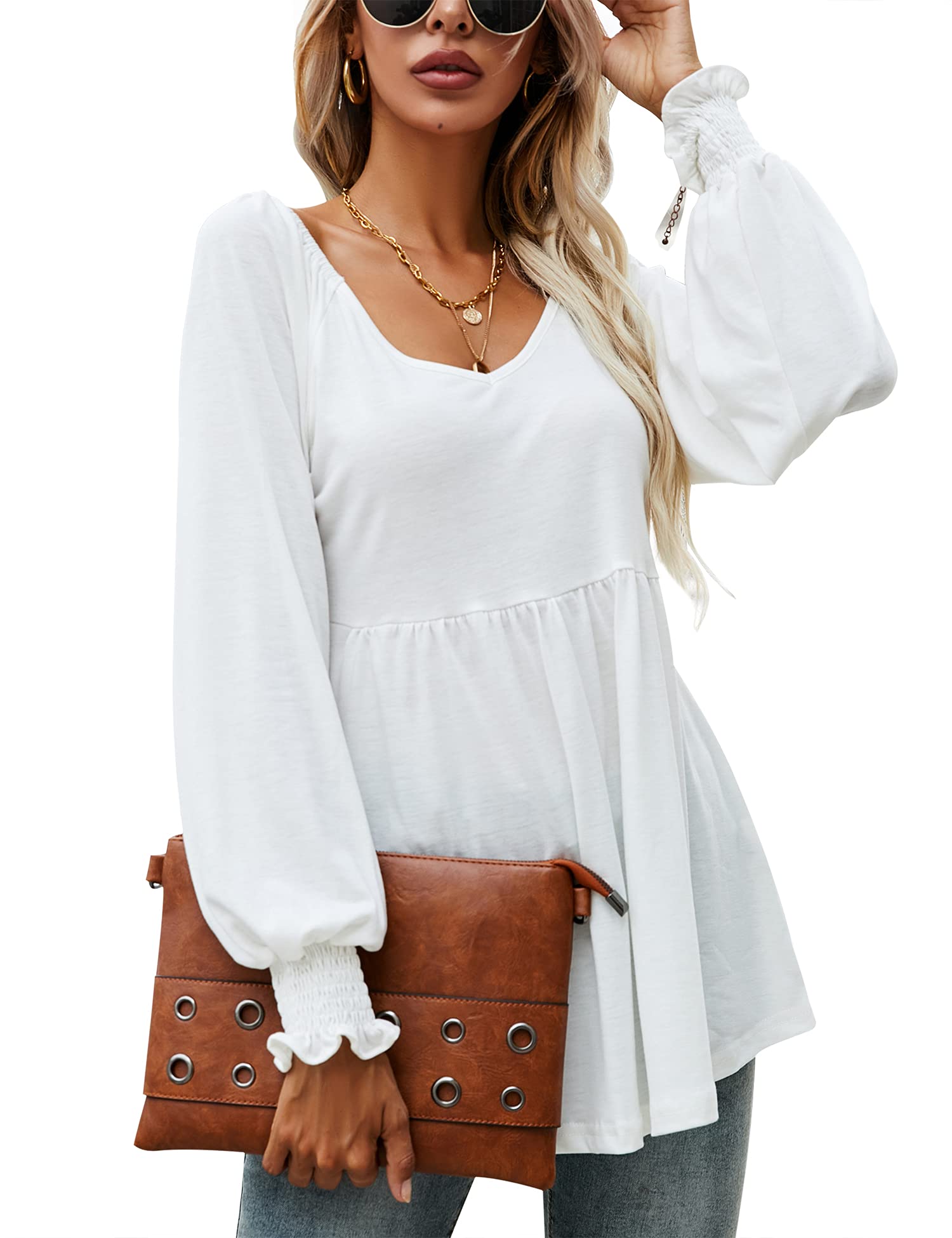 LOMON Women's Casual Puff Long Sleeve Tunic Top - V-Neck Pleated Flare Blouse with Smocked Cuffs (S-XXL) | Perfect for Work, Office, Date Night & Everyday Wear