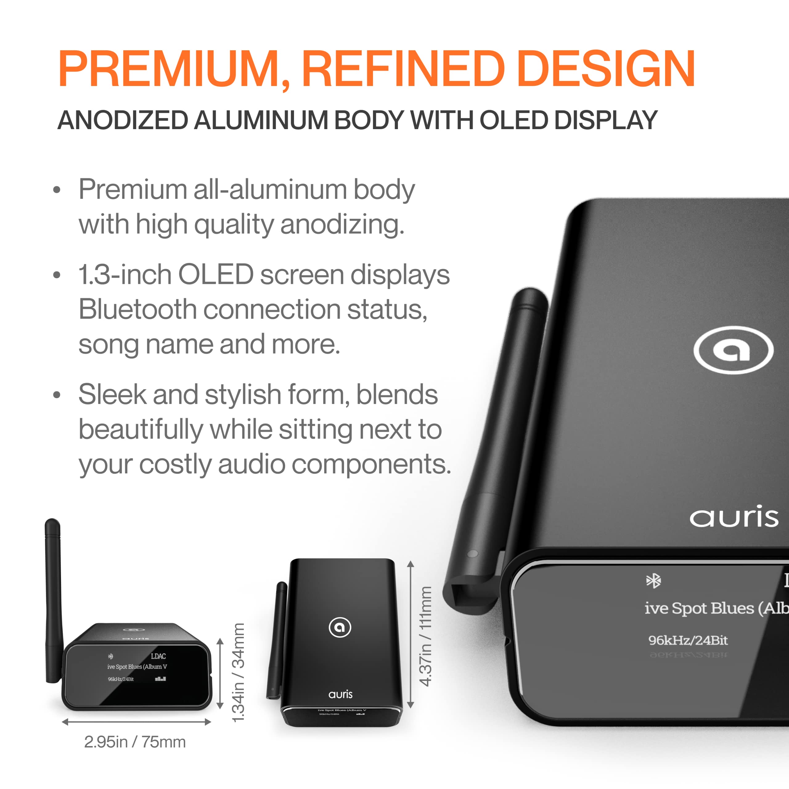 Auris Blume Pro HiFi Bluetooth 5.3 Music Receiver - Long Range Wireless Adapter with Audiophile DAC, LDAC, aptX HD, OLED Display & Optical/Coaxial/AUX Outputs - Perfect for Home Stereo, AV Receiver, Amplifier & Wireless Audio Streaming
