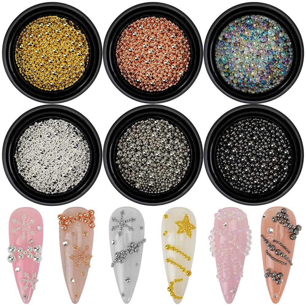 6 Boxes Nail Art Beads Kit - Gold Silver Rose Gold Metal Balls & Steel Caviar Beads for DIY Nail Design, Manicure, Crafts & Home Decoration | Perfect for Professional Salons, Bridal Nails & Gift Making