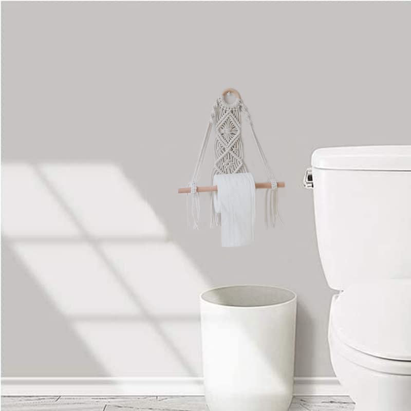 EZUME Wall Mount Paper Towel Holder - Boho Wooden Toilet Paper Rack, Handmade Woven Cotton Rope Hanging Decor for Bathroom, Kitchen, Bedroom & Living Room - Single Layer Tissue Storage Organizer | Perfect for Farmhouse, Bohemian & Rustic Home Decor