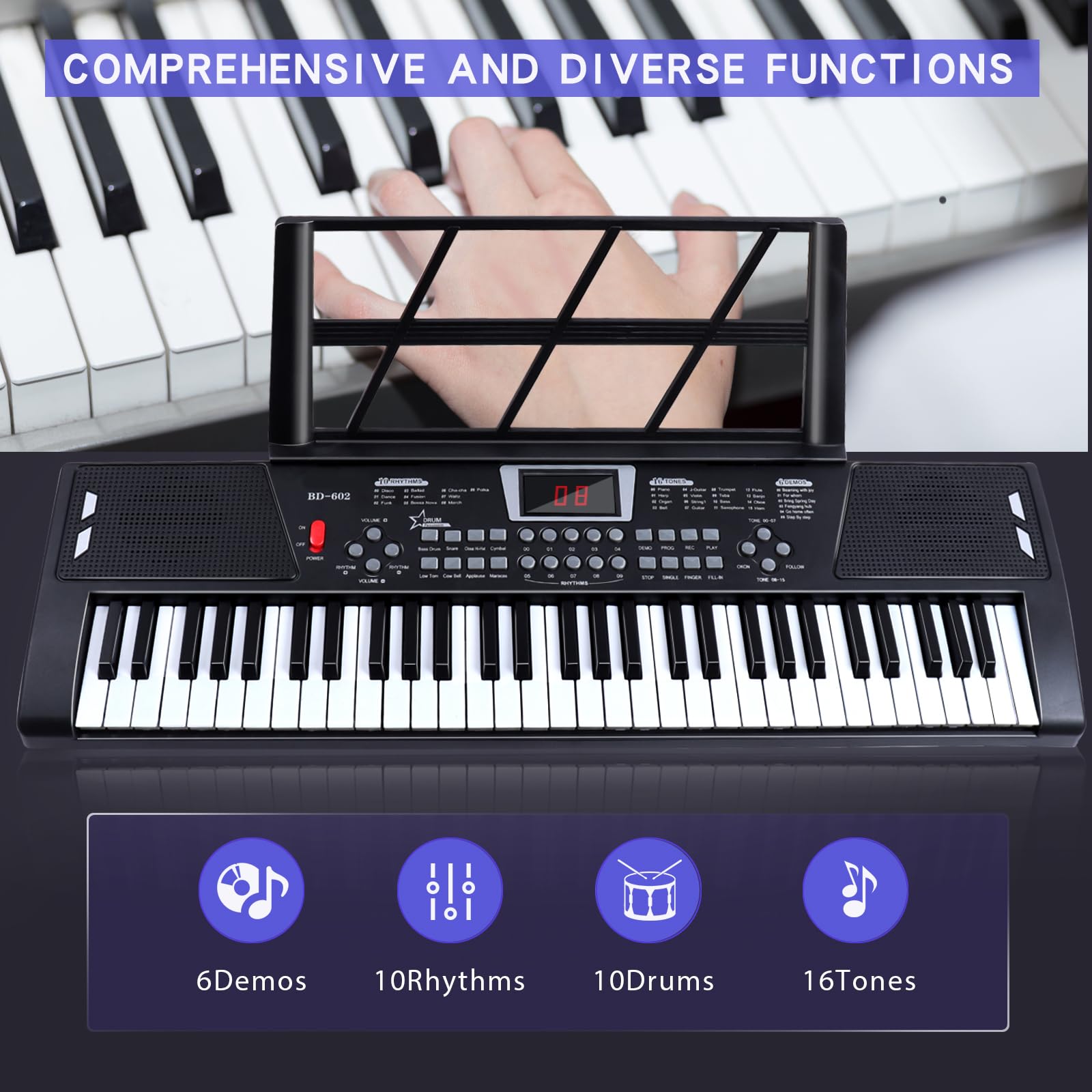 61-Key Electronic Keyboard Piano for Kids & Beginners - Portable Digital Piano with Built-In Speaker, Microphone, Music Stand & Power Adapter - Perfect for Home Learning, Music Practice & Gift Giving