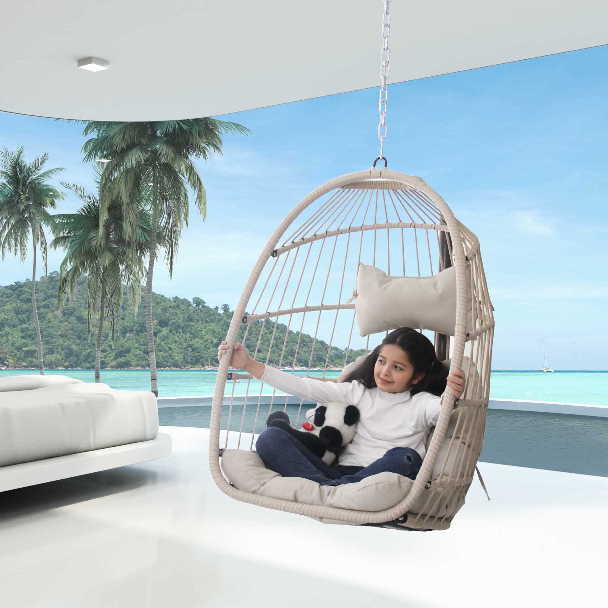 NICESOUL Indoor Outdoor Patio Wicker Hanging Chair Swing - Egg Basket Hammock Chair Without Stand, UV Resistant Cushions, 265lbs Weight Capacity - Perfect for Patio, Bedroom, Balcony, Garden & Backyard Relaxation (Beige)