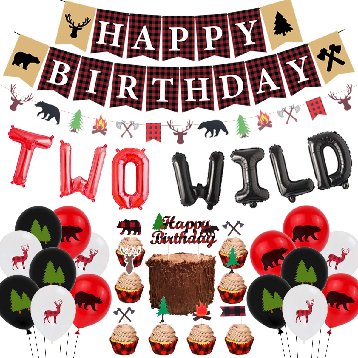 Lumberjack 2nd Birthday Party Decorations for Boys - Two Wild Themed Decor Set in Black & Red Buffalo Plaid - Complete 2nd Birthday Party Supplies for Outdoor, Camping or Rustic Theme Celebrations