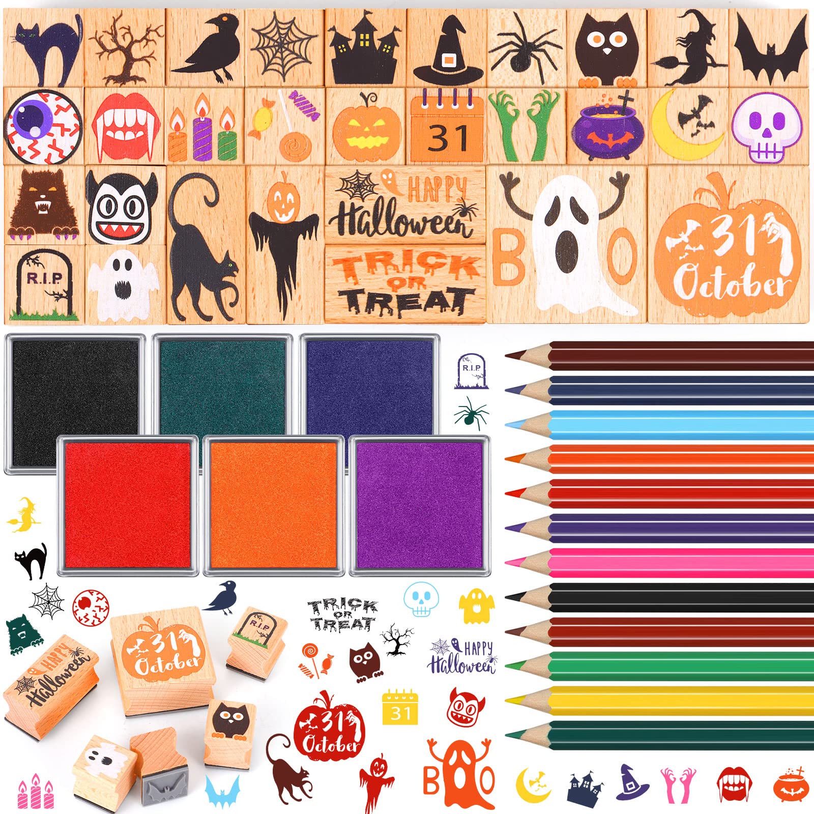 Yexiya 48-Piece Halloween & Christmas Wooden Rubber Stamp Set with Ink Pad & Colored Pencils - DIY Craft Kit for Holiday Cards, Gift Wrapping, Party Favors & Scrapbooking (Weird Style)