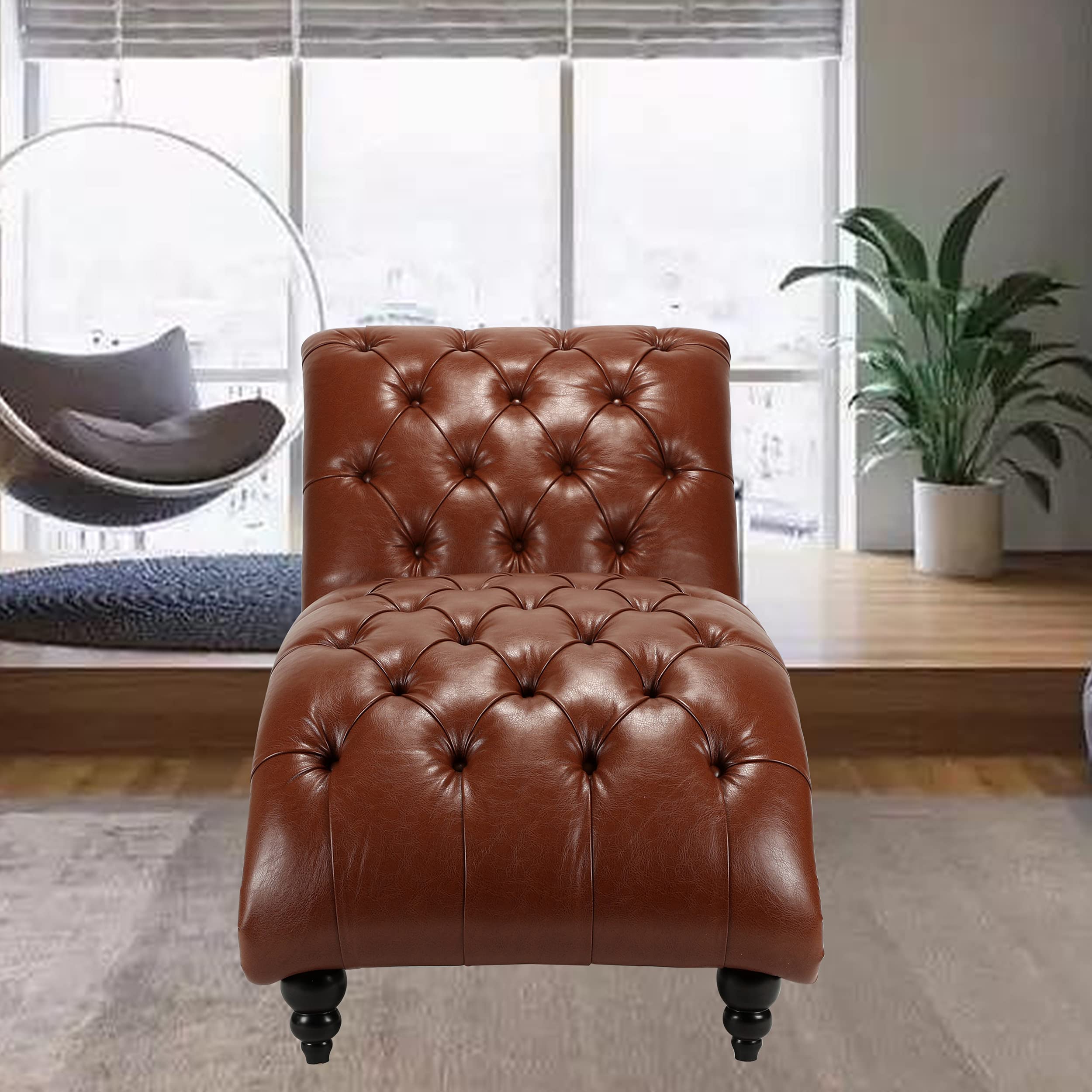 HomVent Leather Chaise Lounge Chair with Tufted Buttons - Indoor Modern Futon for Living Room, Office or Bedroom - Light Brown - Perfect for Relaxing, Reading & Small Space Decor