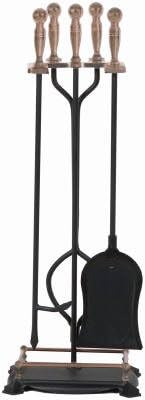 Premium Black Antique Metal Fireplace Tool Set - 5-Piece Rustic Fireplace Accessories with Stand for Wood Burning Stoves & Fire Pits - Perfect for Home, Cabin, and Outdoor Use