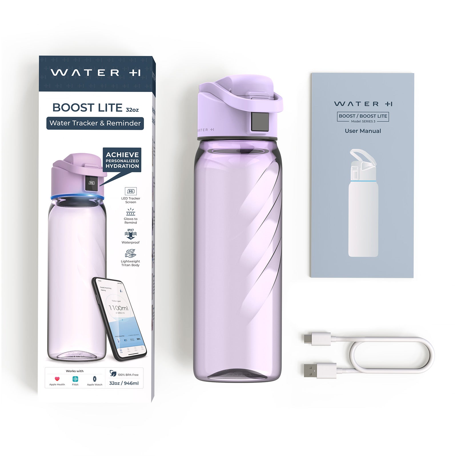 WaterH Boost Lite Smart Water Bottle 32oz with Hydration Tracking & Reminders - Perfect for Gym, Hiking, Office & Daily Hydration Goals
