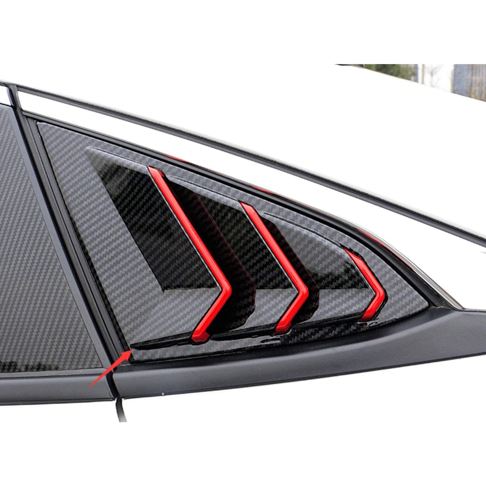 Xotic Tech Rear Side Window Louver Cover Trim - Carbon Fiber Pattern with Red Accent - Compatible with 2016-2021 Honda Civic 10th Gen Sedan - Enhances Style & Airflow - Perfect for Car Enthusiasts & Custom Builds